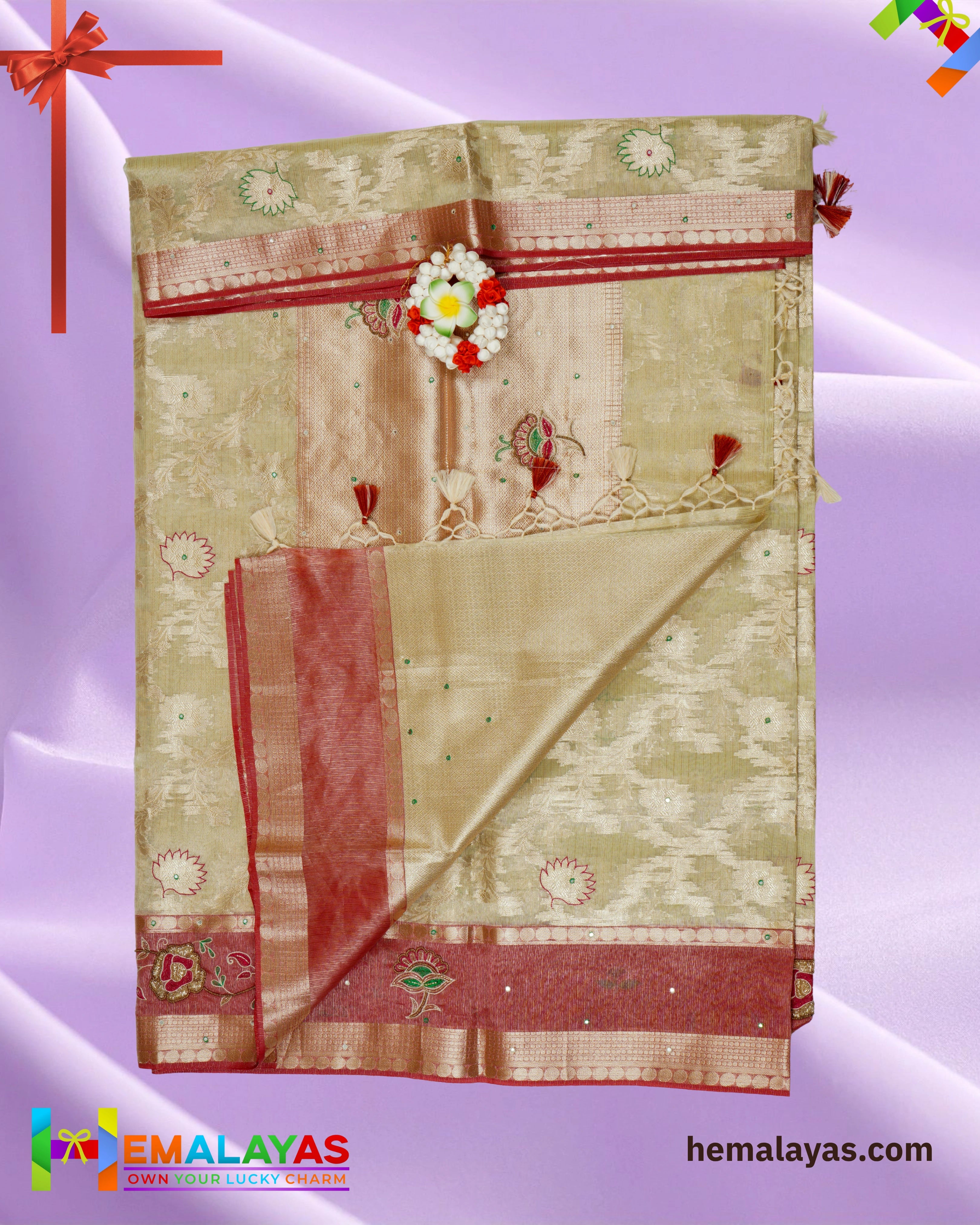 Ivory Gold & Dusty Rose Embroidered Saree – Elegant Festive Grace