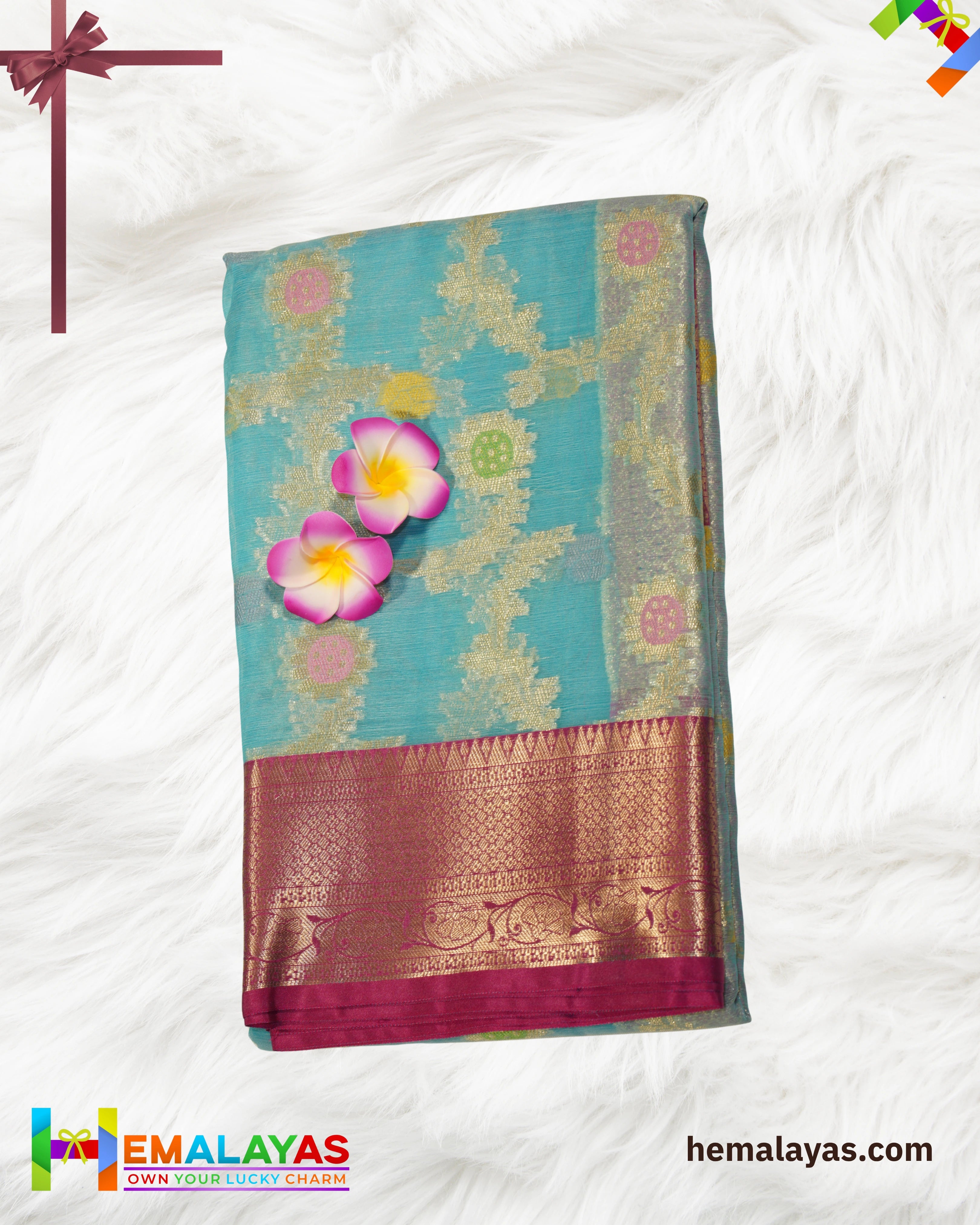 Sky Blue Kora Organza Banaras Saree with Pink Border
