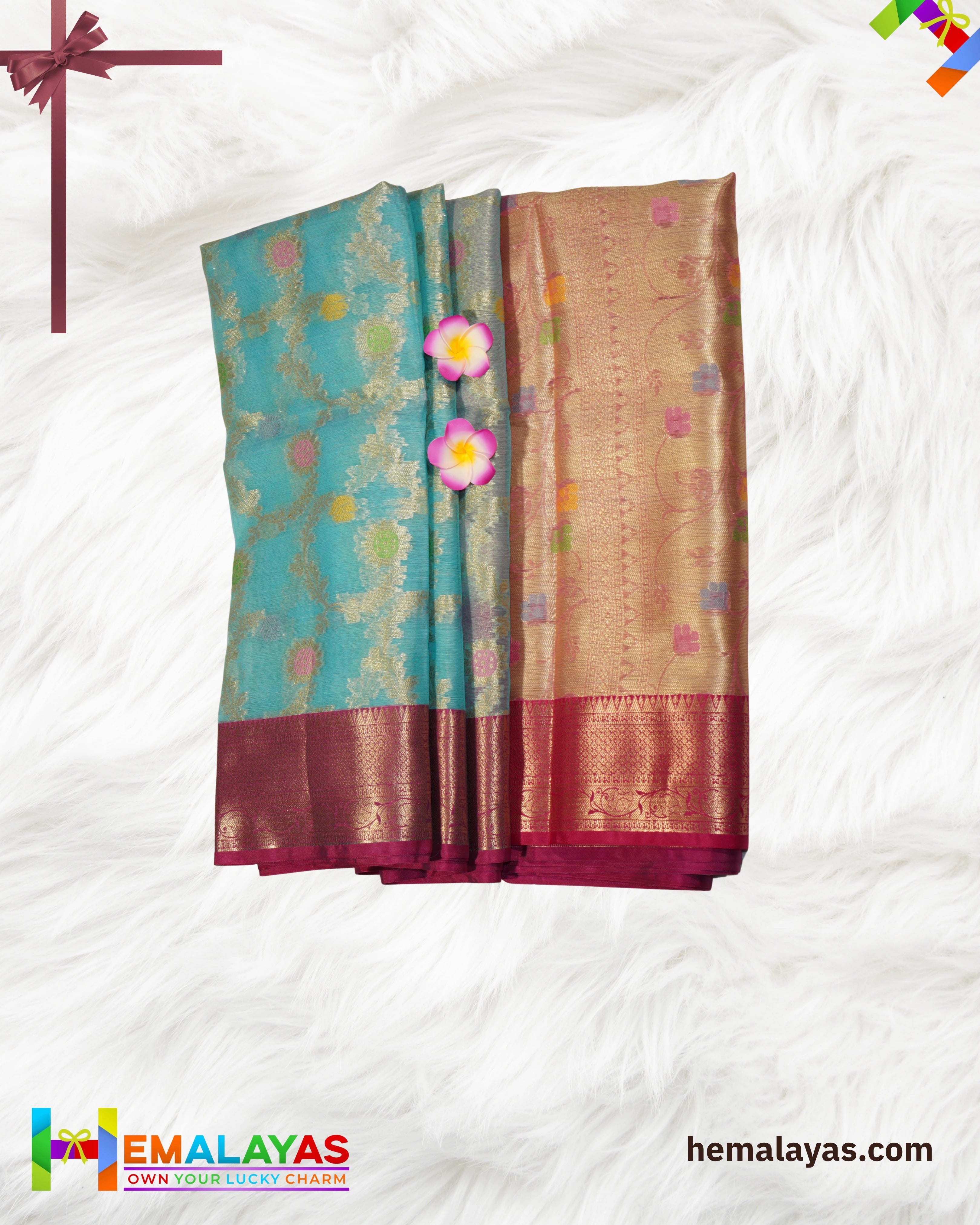 Sky Blue Kora Organza Banaras Saree with Pink Border