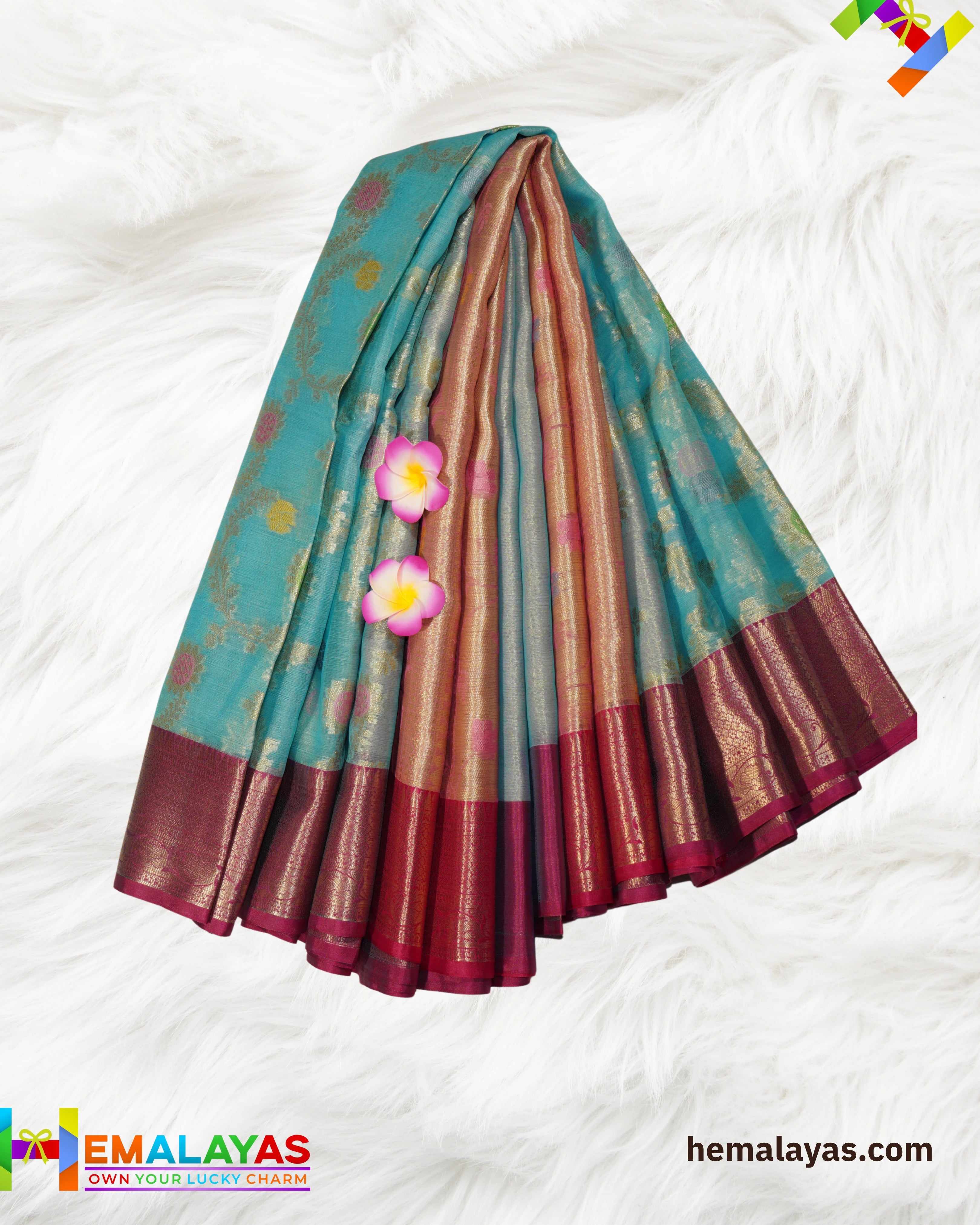 Sky Blue Kora Organza Banaras Saree with Pink Border