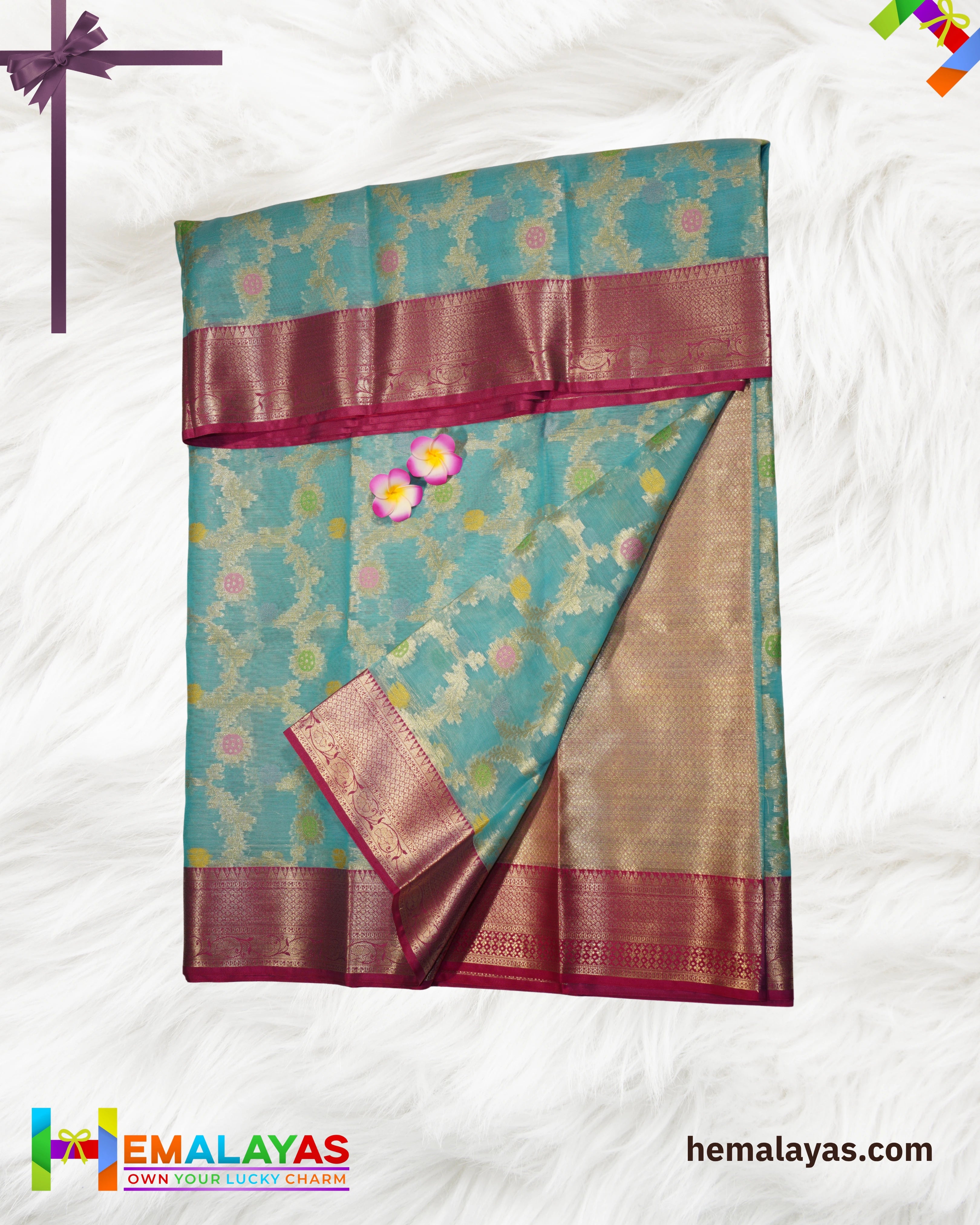 Sky Blue Kora Organza Banaras Saree with Pink Border