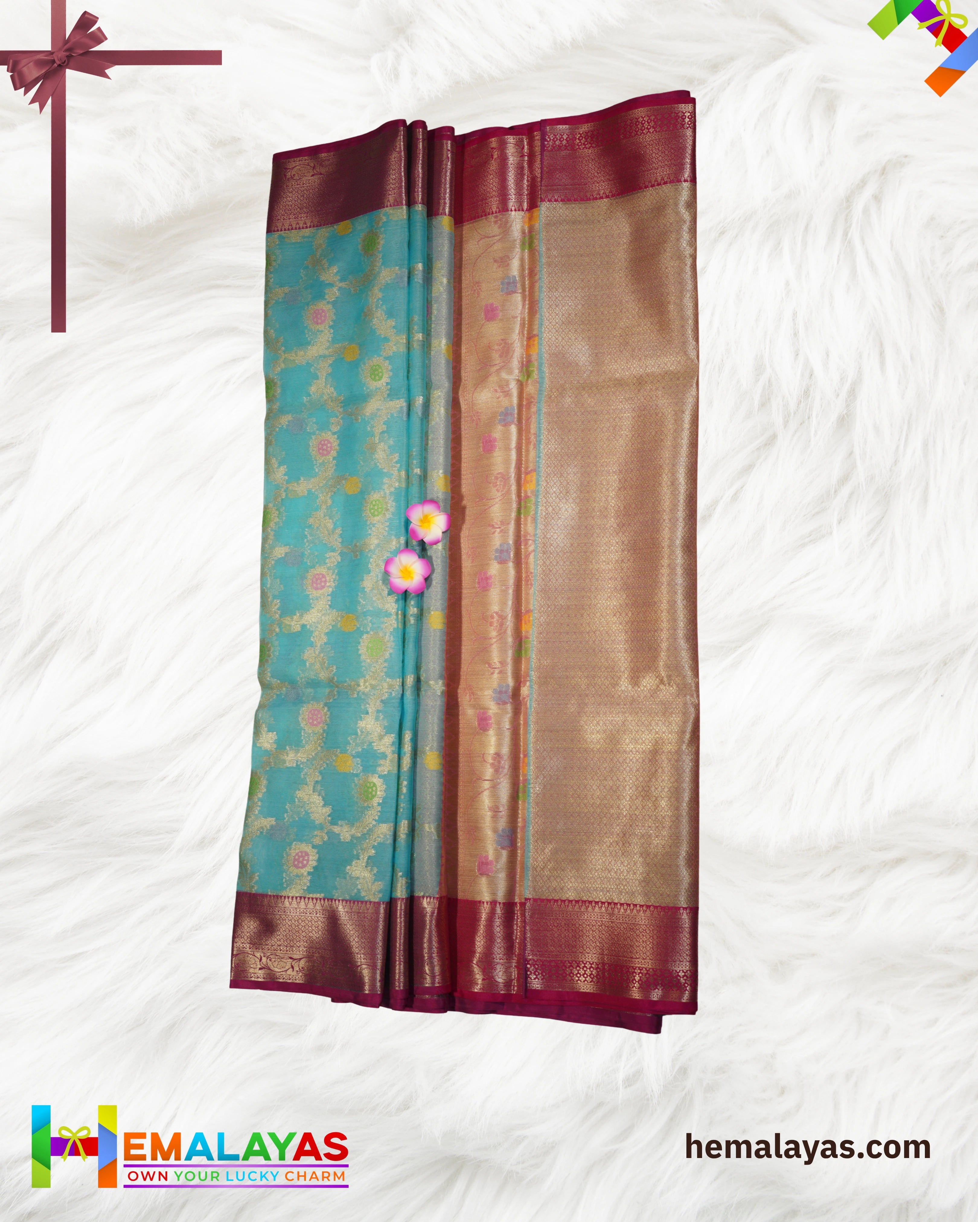 Sky Blue Kora Organza Banaras Saree with Pink Border