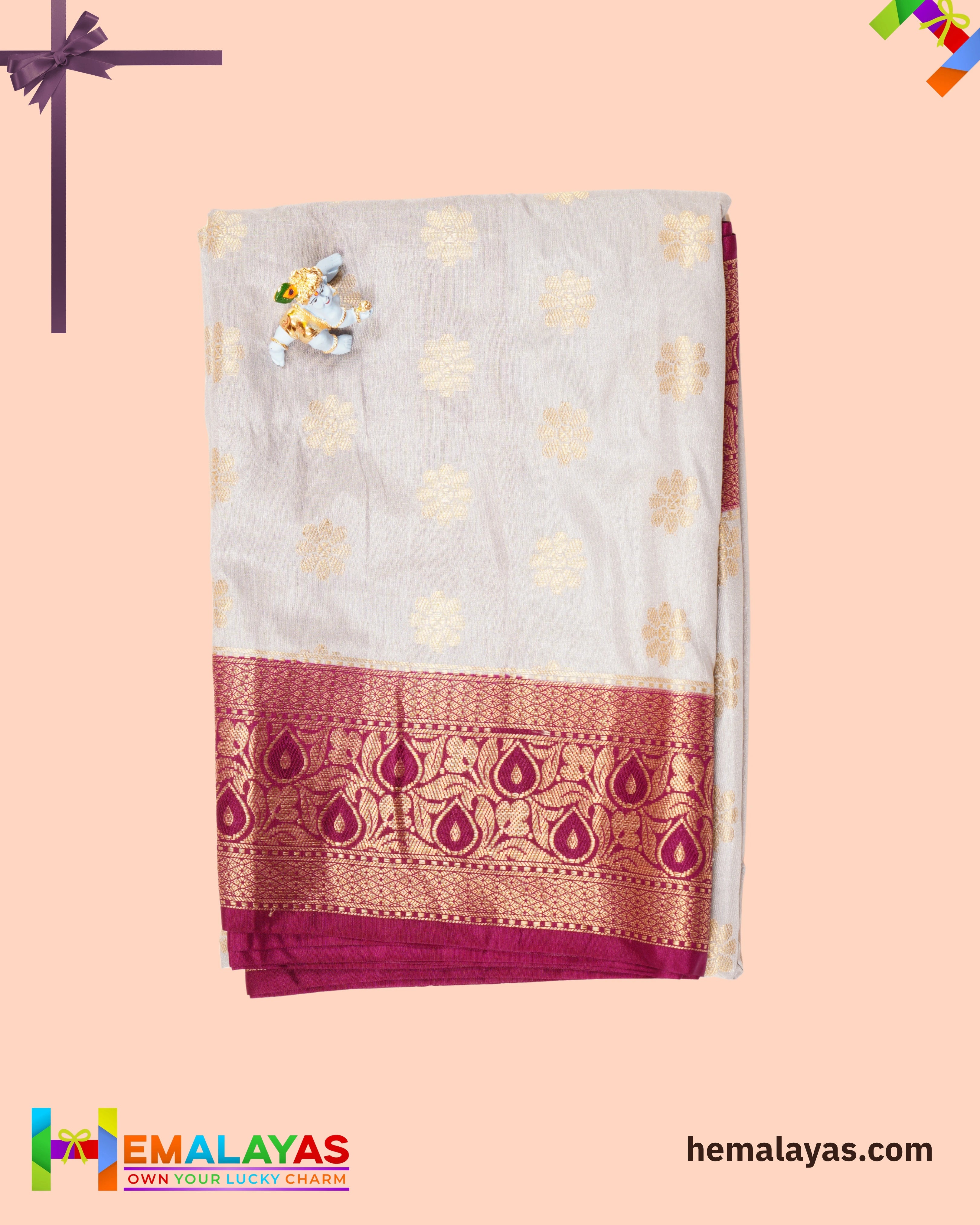 Grey Banarasi Soft Silk Dupion Saree with Magenta Border