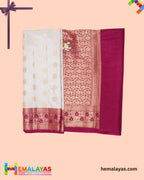 Grey Banarasi Soft Silk Dupion Saree with Magenta Border