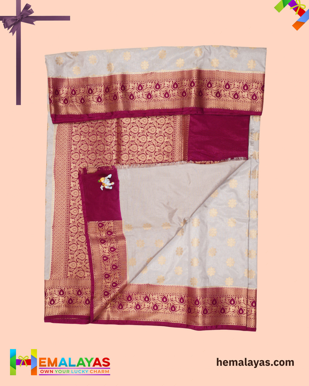 Grey Banarasi Soft Silk Dupion Saree with Magenta Border