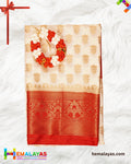 White & Red Banarasi Soft Silk Dupion Saree