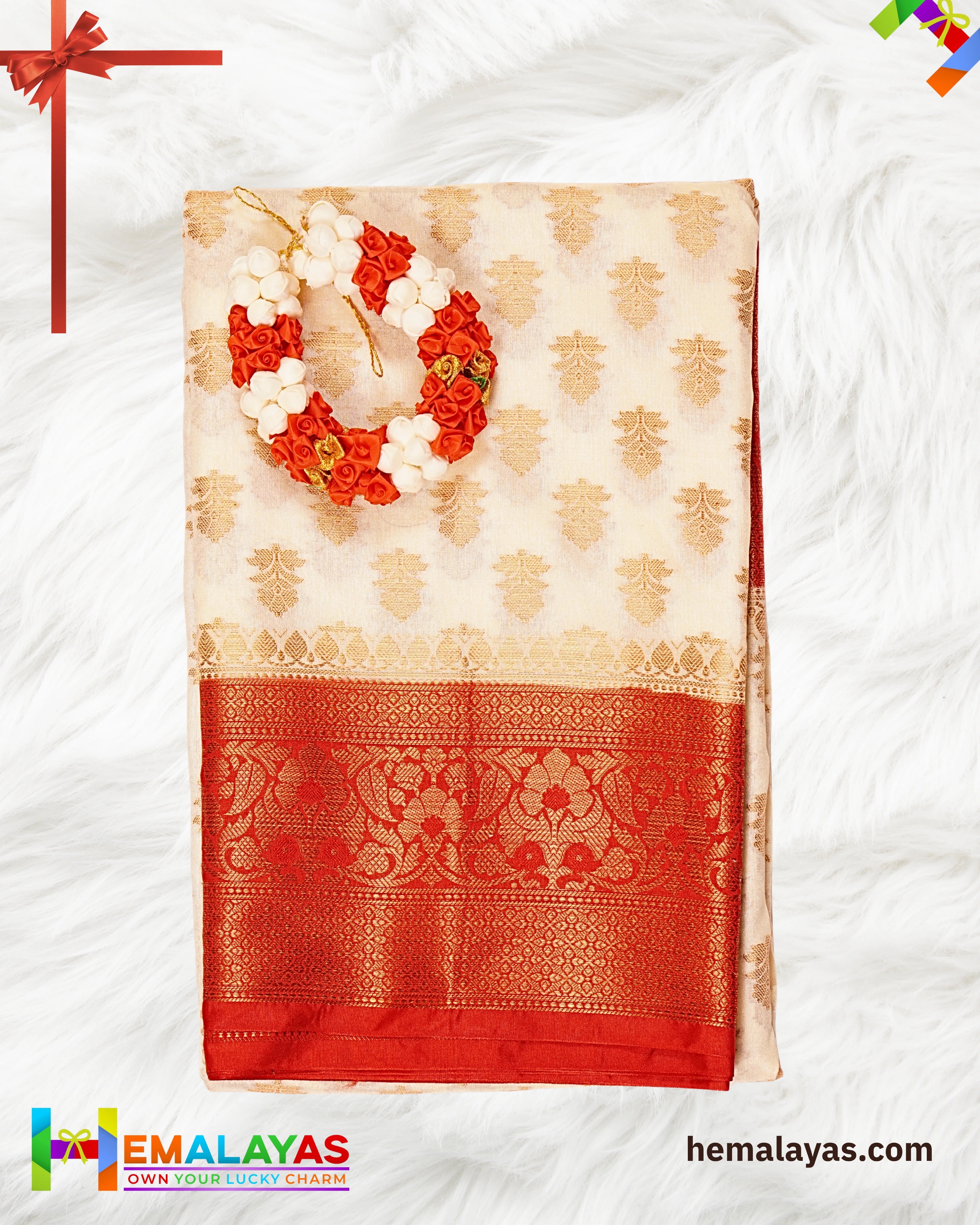 White & Red Banarasi Soft Silk Dupion Saree
