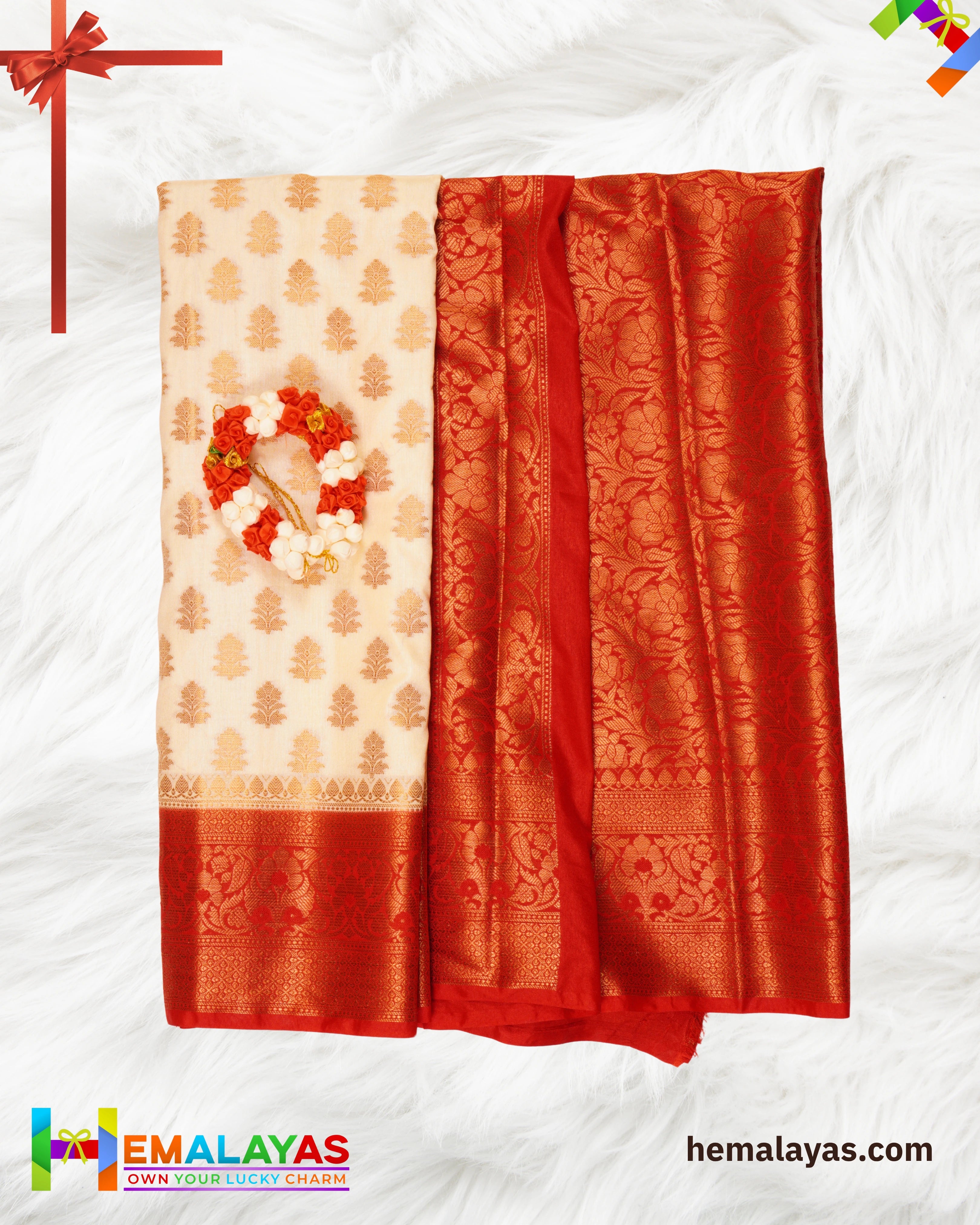 White & Red Banarasi Soft Silk Dupion Saree
