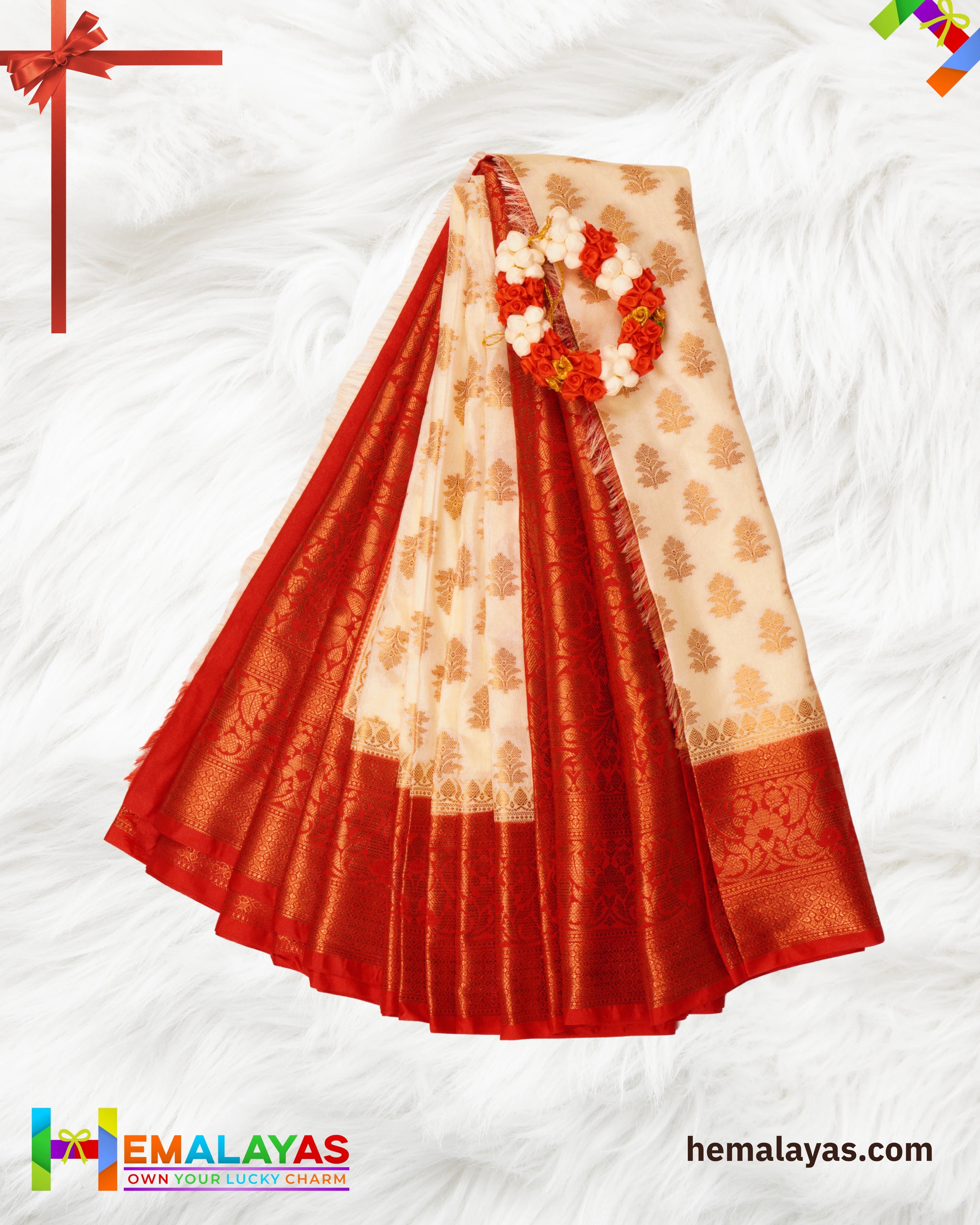 White & Red Banarasi Soft Silk Dupion Saree