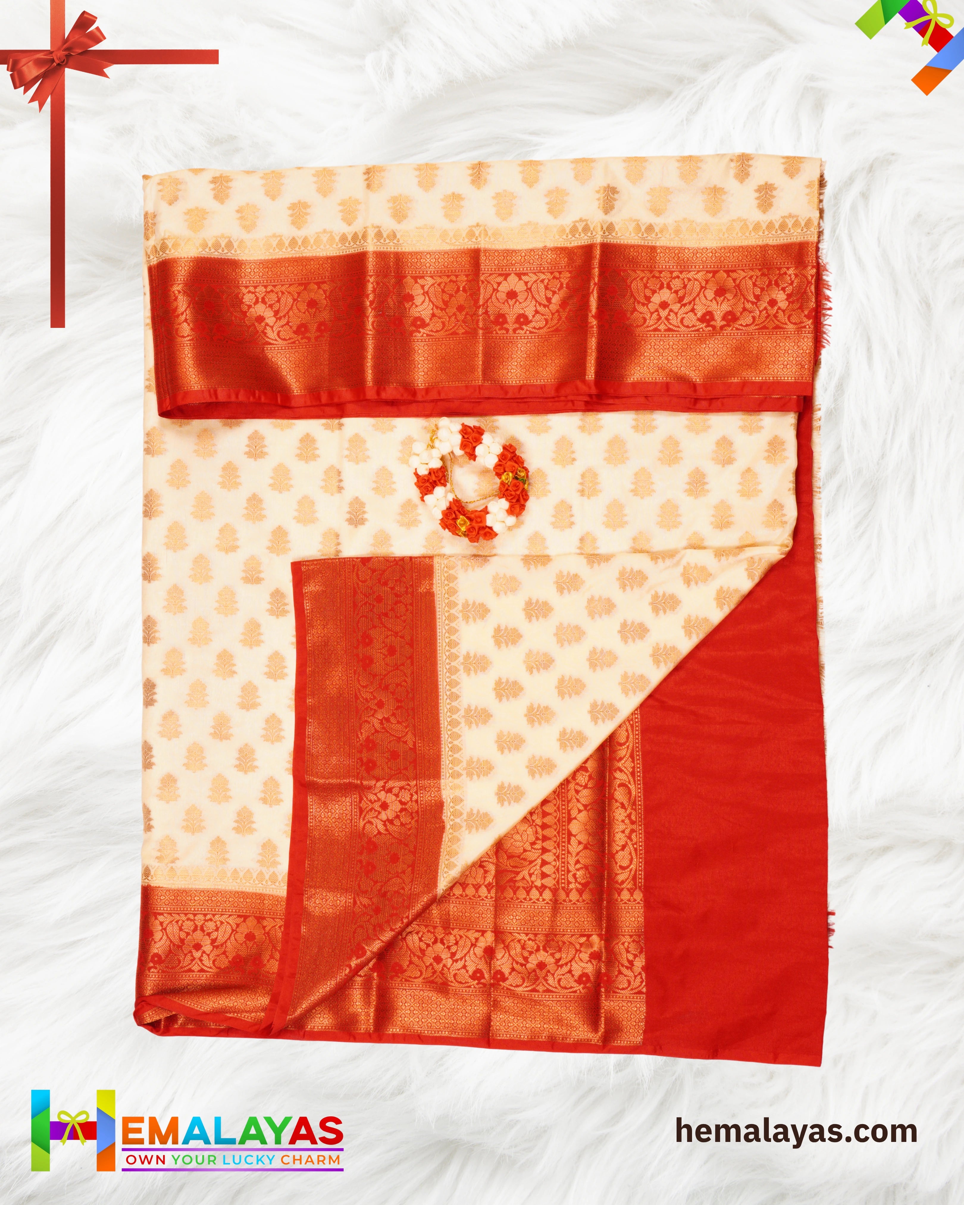 White & Red Banarasi Soft Silk Dupion Saree