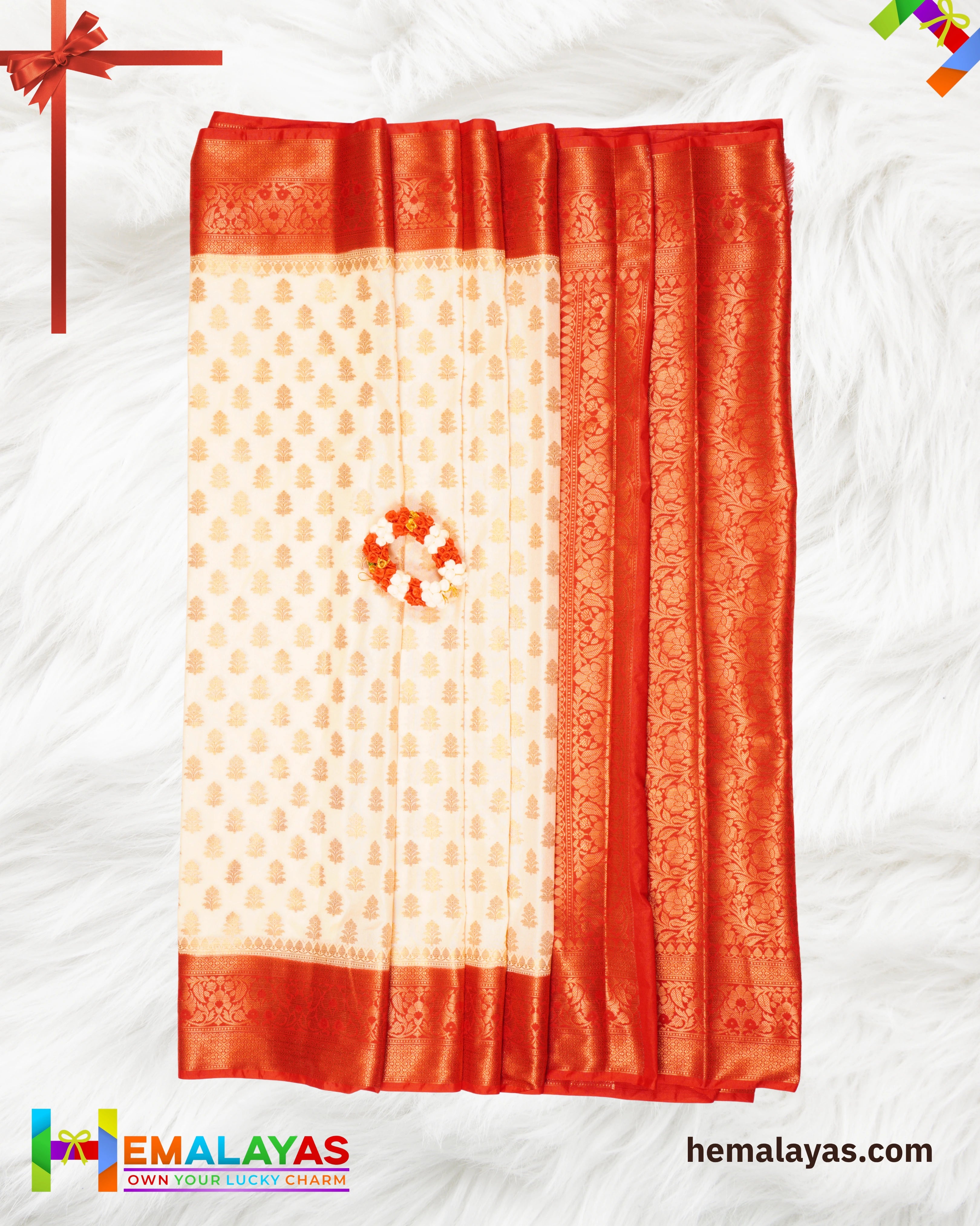 White & Red Banarasi Soft Silk Dupion Saree