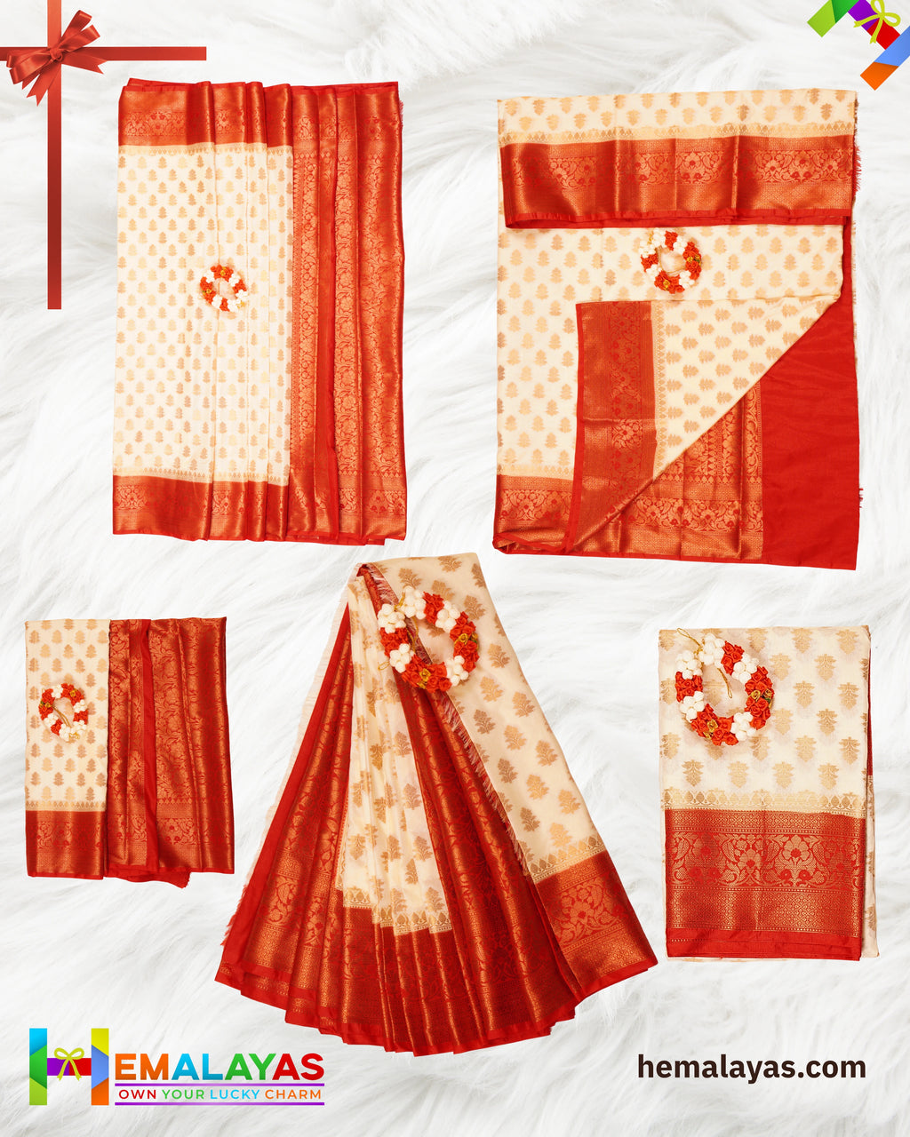 White & Red Banarasi Soft Silk Dupion Saree