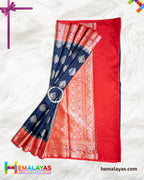 Navy Blue with Red Border Banarasi Soft Silk Dupion Saree