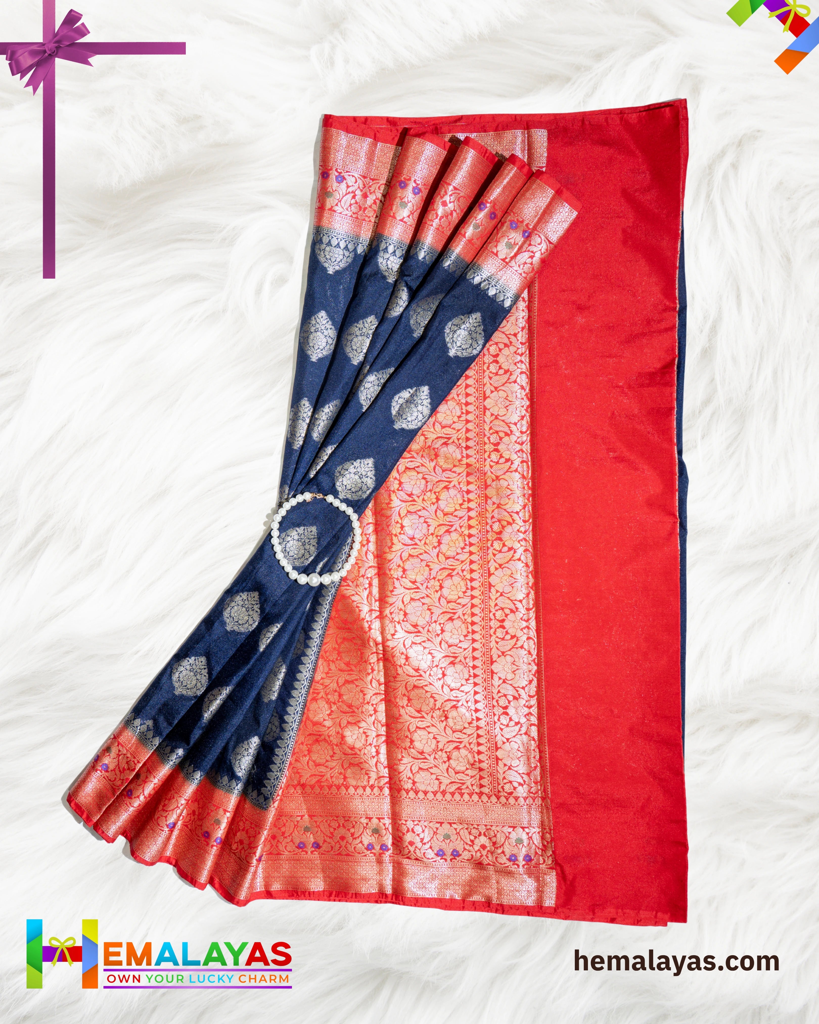 Navy Blue with Red Border Banarasi Soft Silk Dupion Saree