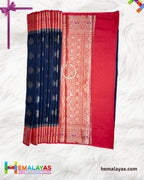 Navy Blue with Red Border Banarasi Soft Silk Dupion Saree