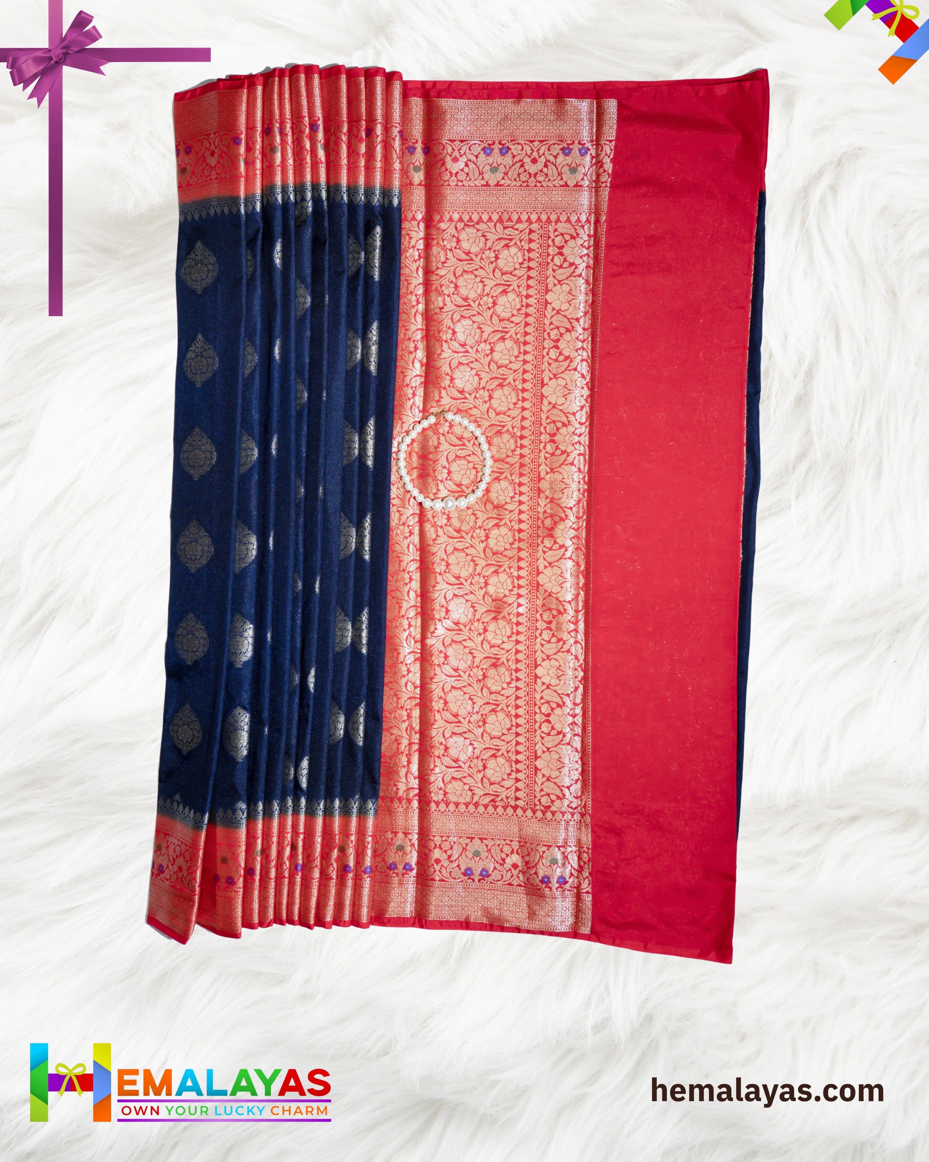 Navy Blue with Red Border Banarasi Soft Silk Dupion Saree