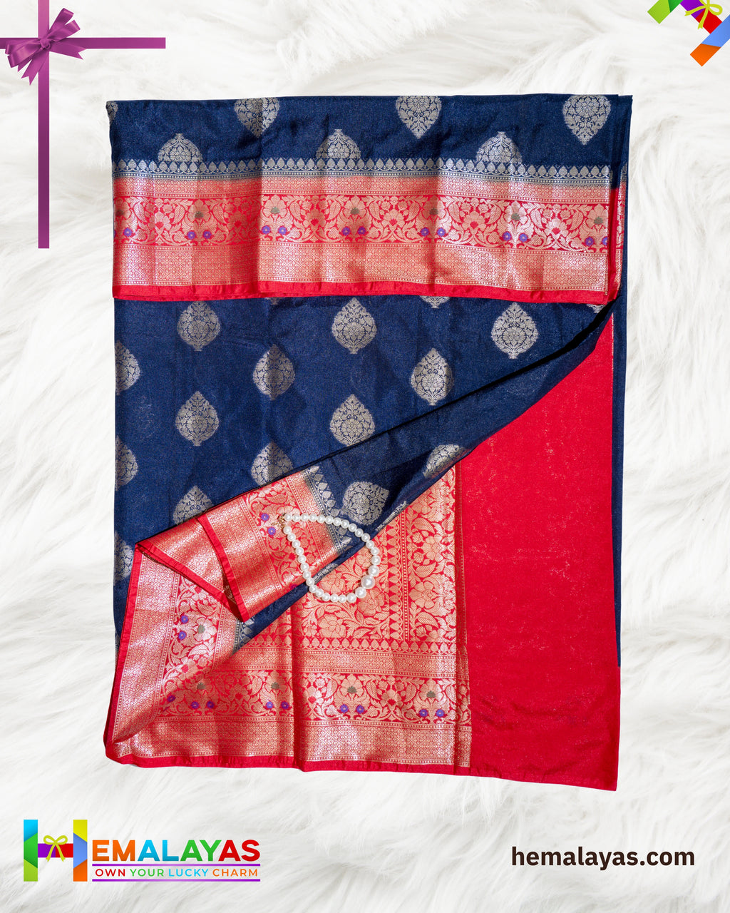 Navy Blue with Red Border Banarasi Soft Silk Dupion Saree