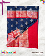 Navy Blue with Red Border Banarasi Soft Silk Dupion Saree
