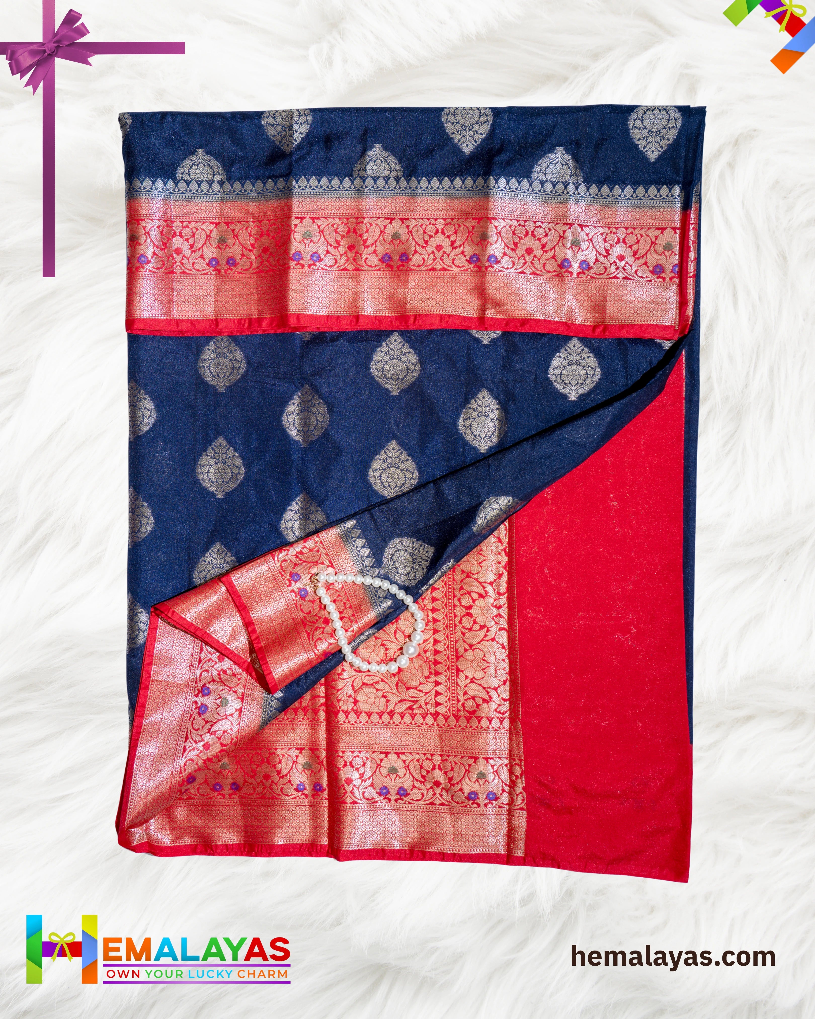 Navy Blue with Red Border Banarasi Soft Silk Dupion Saree