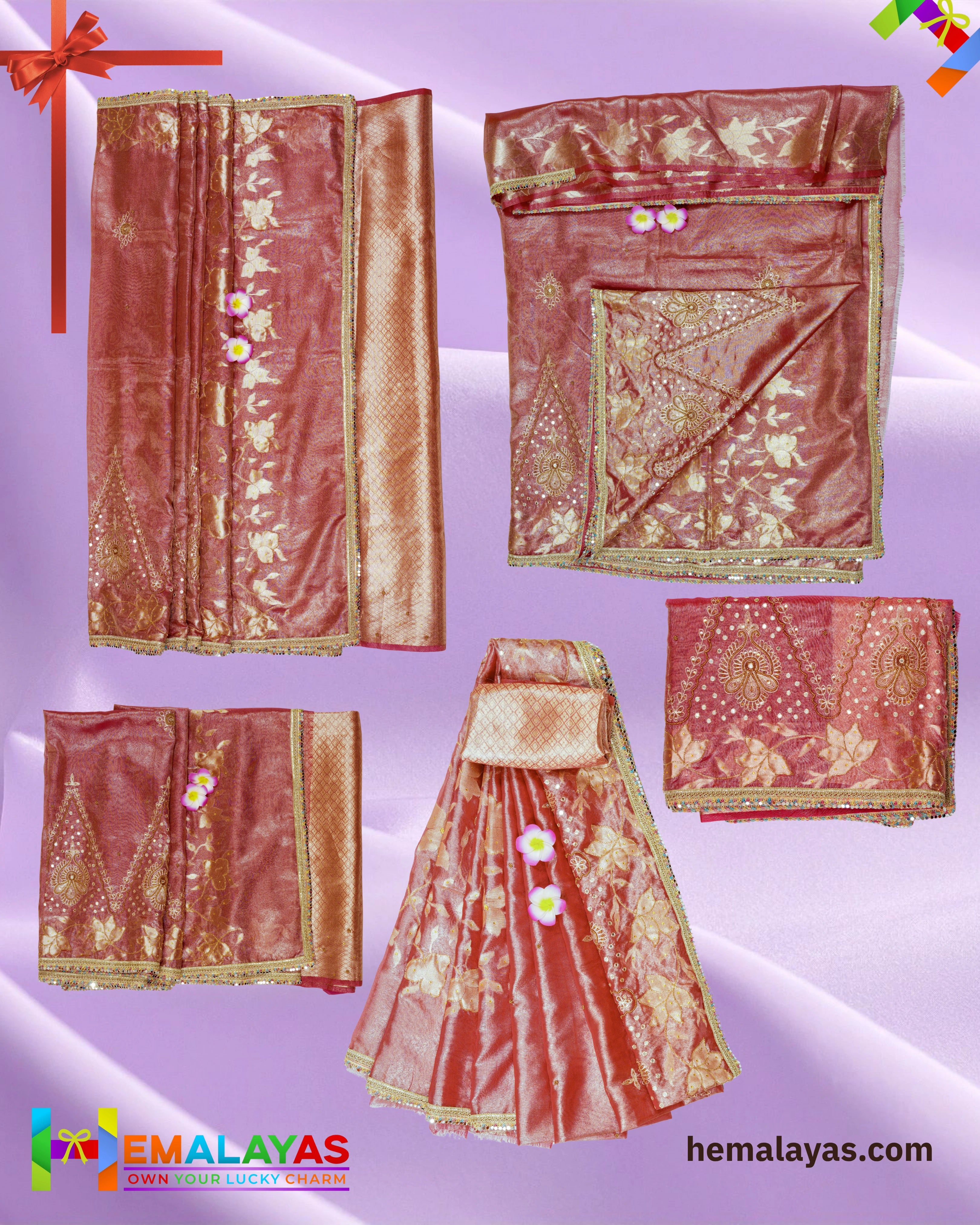 Rose Gold Banarasi Tissue Handwork Saree