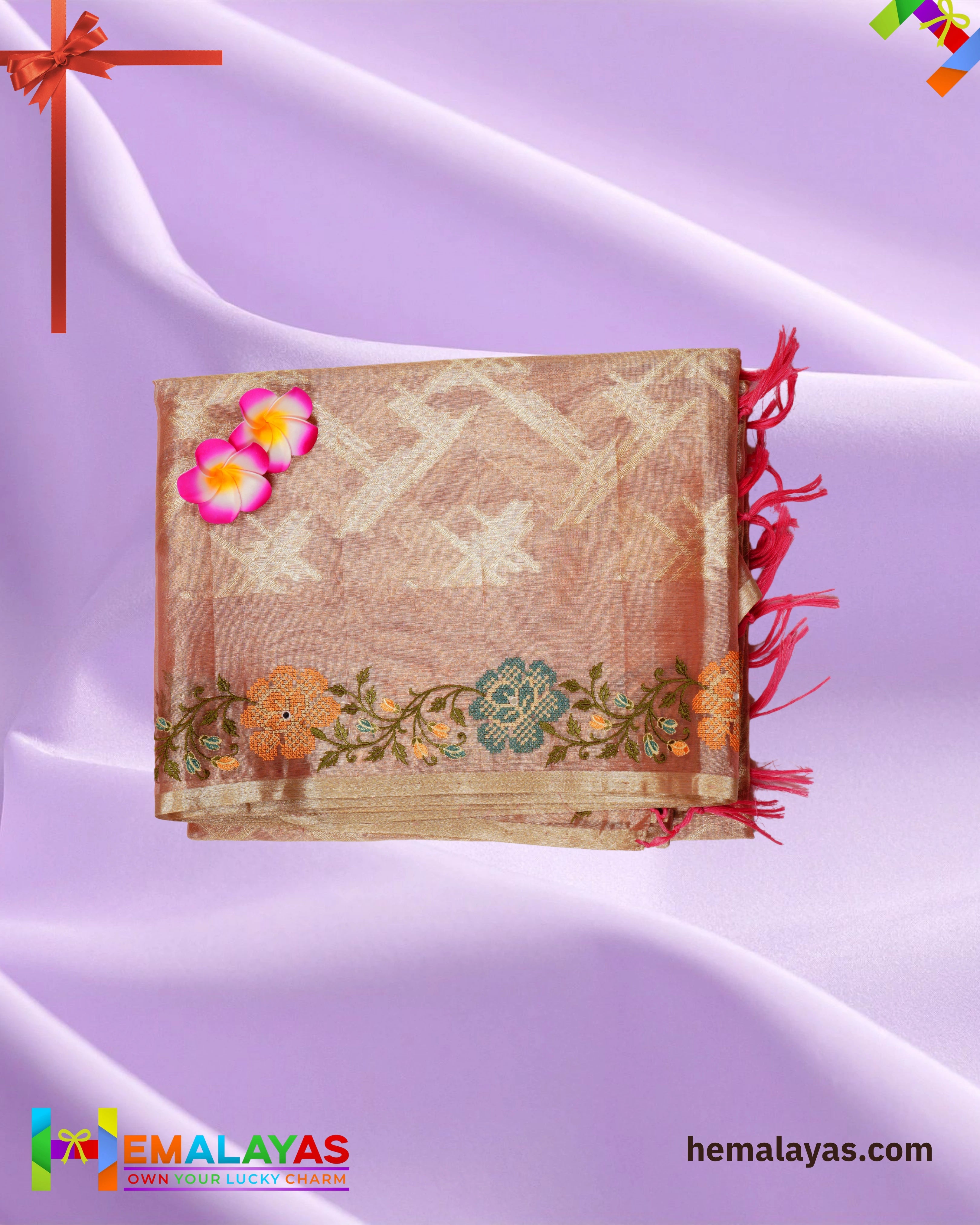 Peach Gold Banarasi Tissue Embroidery Work Saree