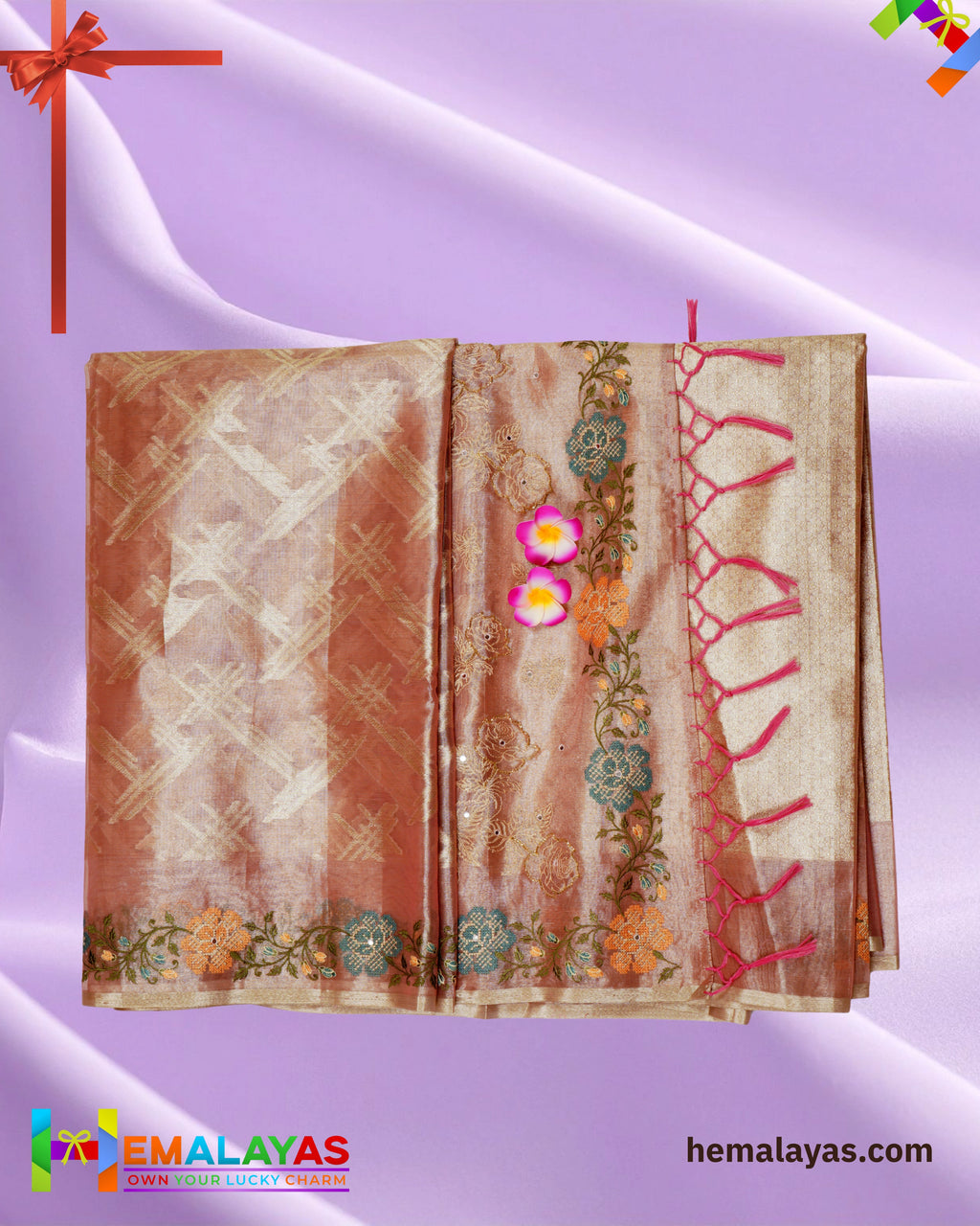 Peach Gold Banarasi Tissue Embroidery Work Saree