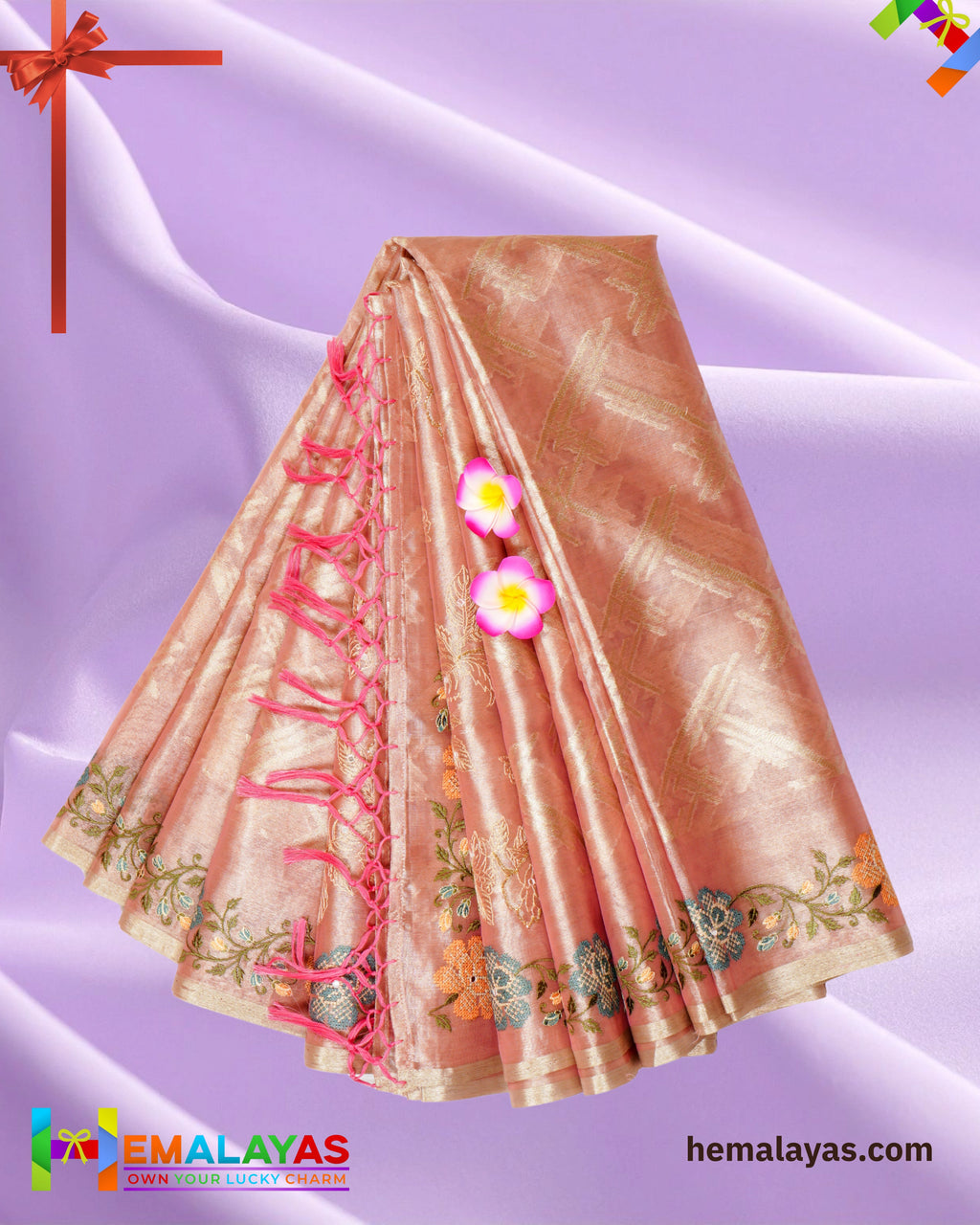 Peach Gold Banarasi Tissue Embroidery Work Saree