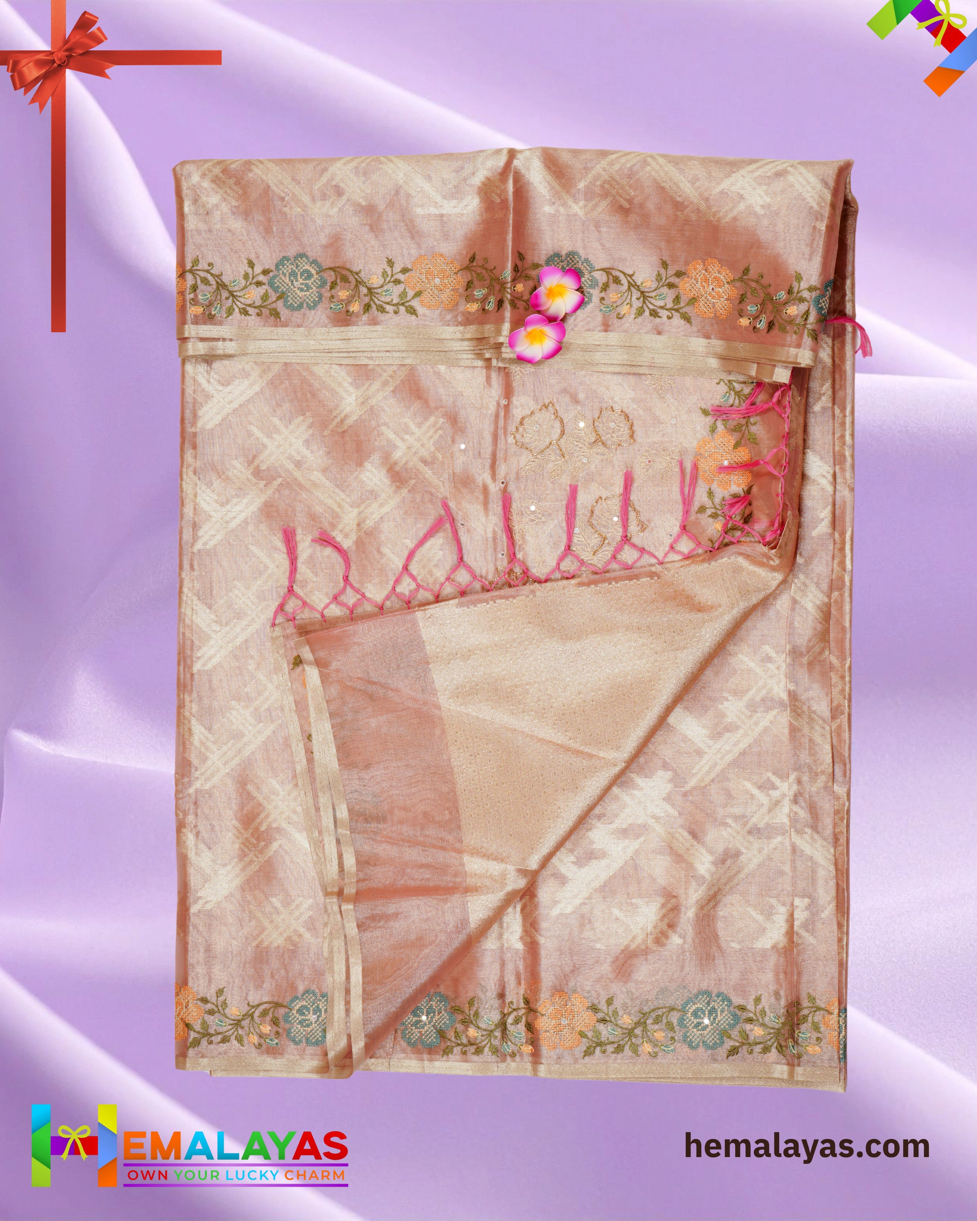 Peach Gold Banarasi Tissue Embroidery Work Saree