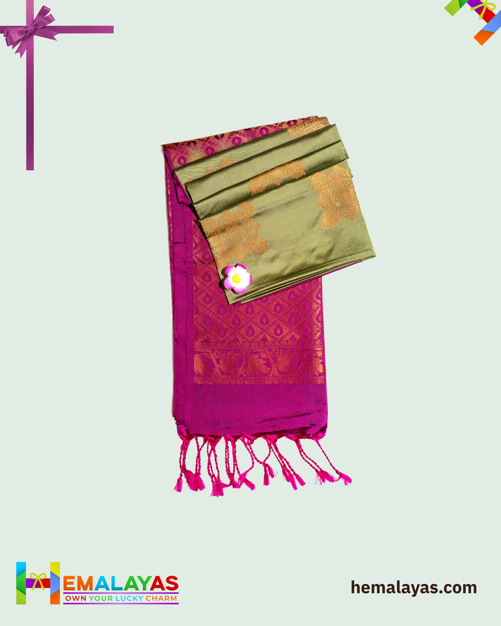 Olive Green & Magenta Kanchipuram Elite Silk Saree with Zari Motifs