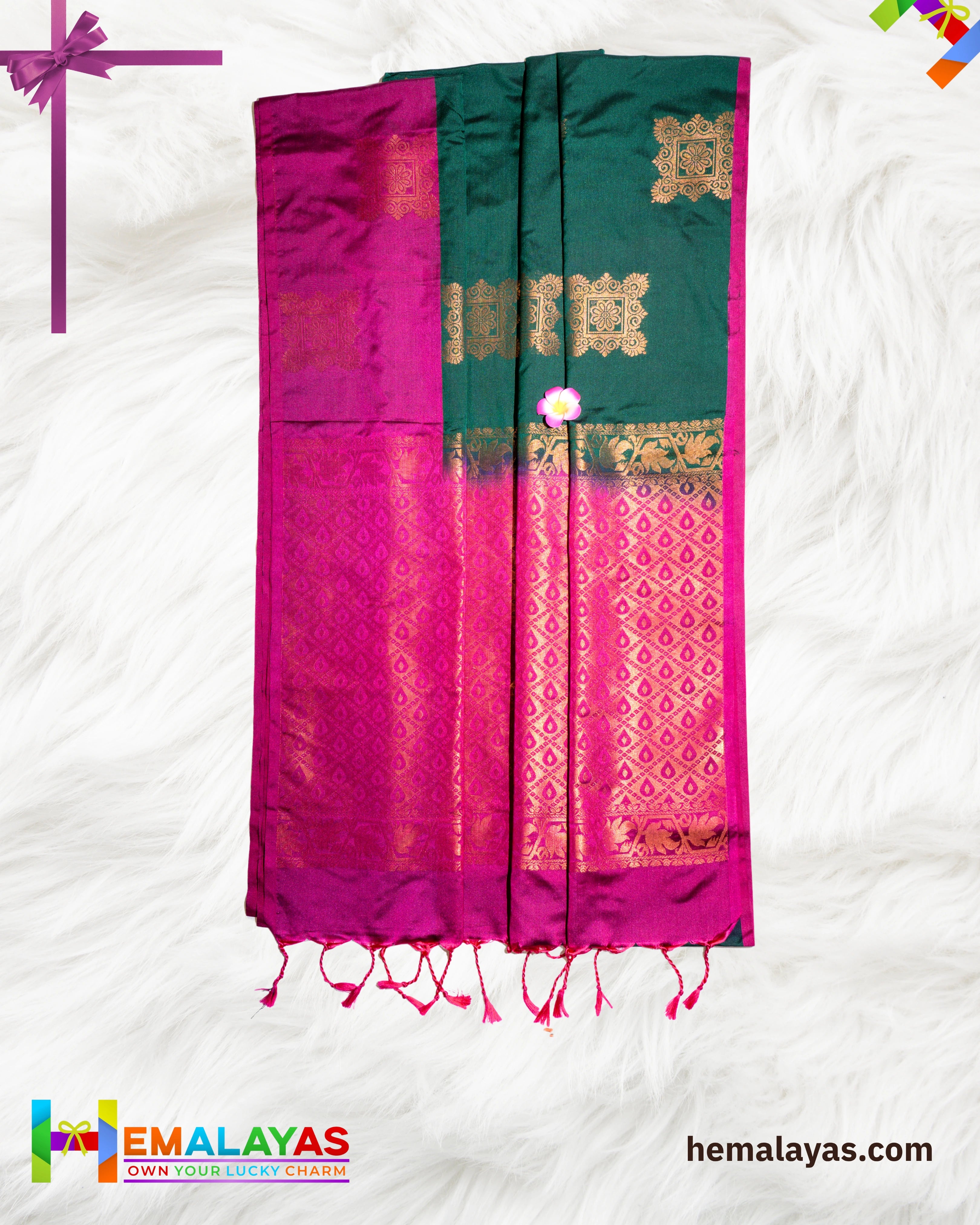 Deep Green & Magenta Kanchipuram Elite Silk Saree with Zari Motifs