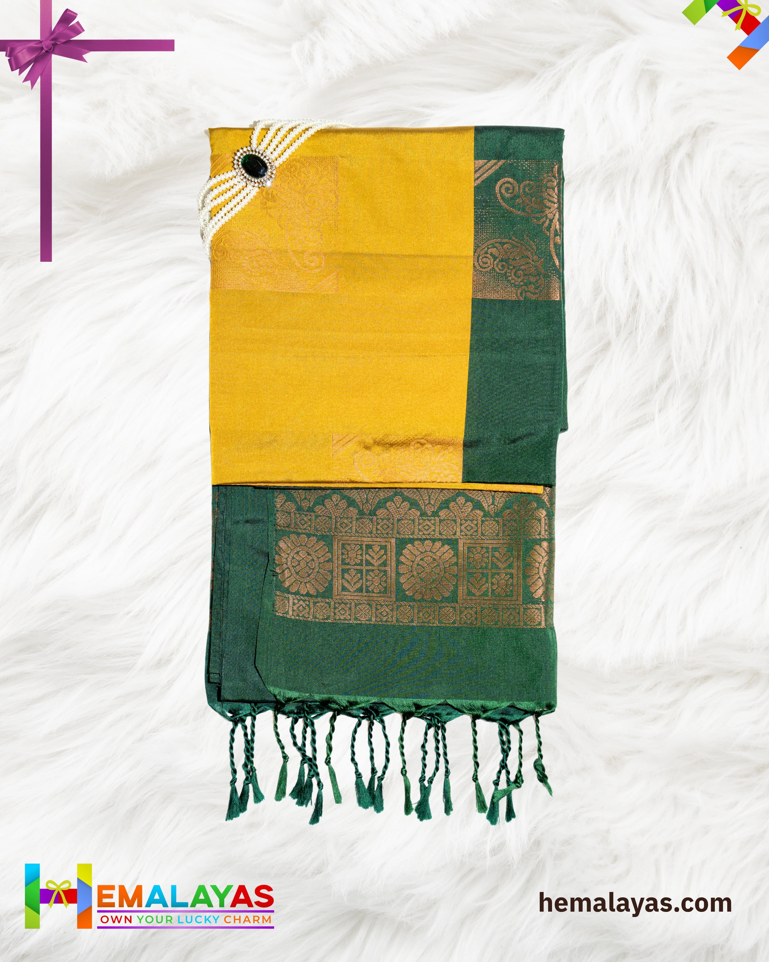 Mustard Yellow & Bottle Green Kanchipuram Elite Silk Saree with Zari Motifs