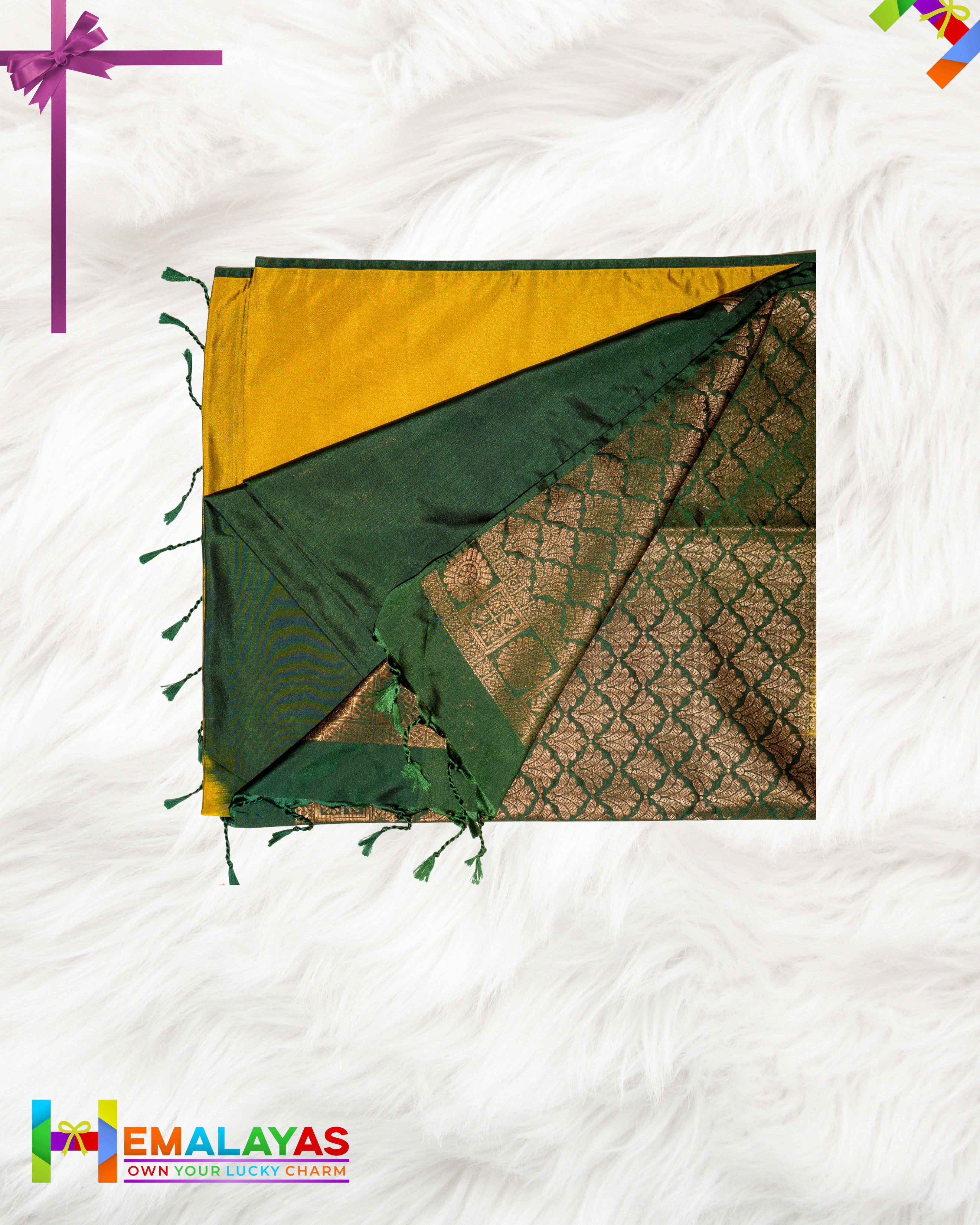 Mustard Yellow & Bottle Green Kanchipuram Elite Silk Saree with Zari Motifs