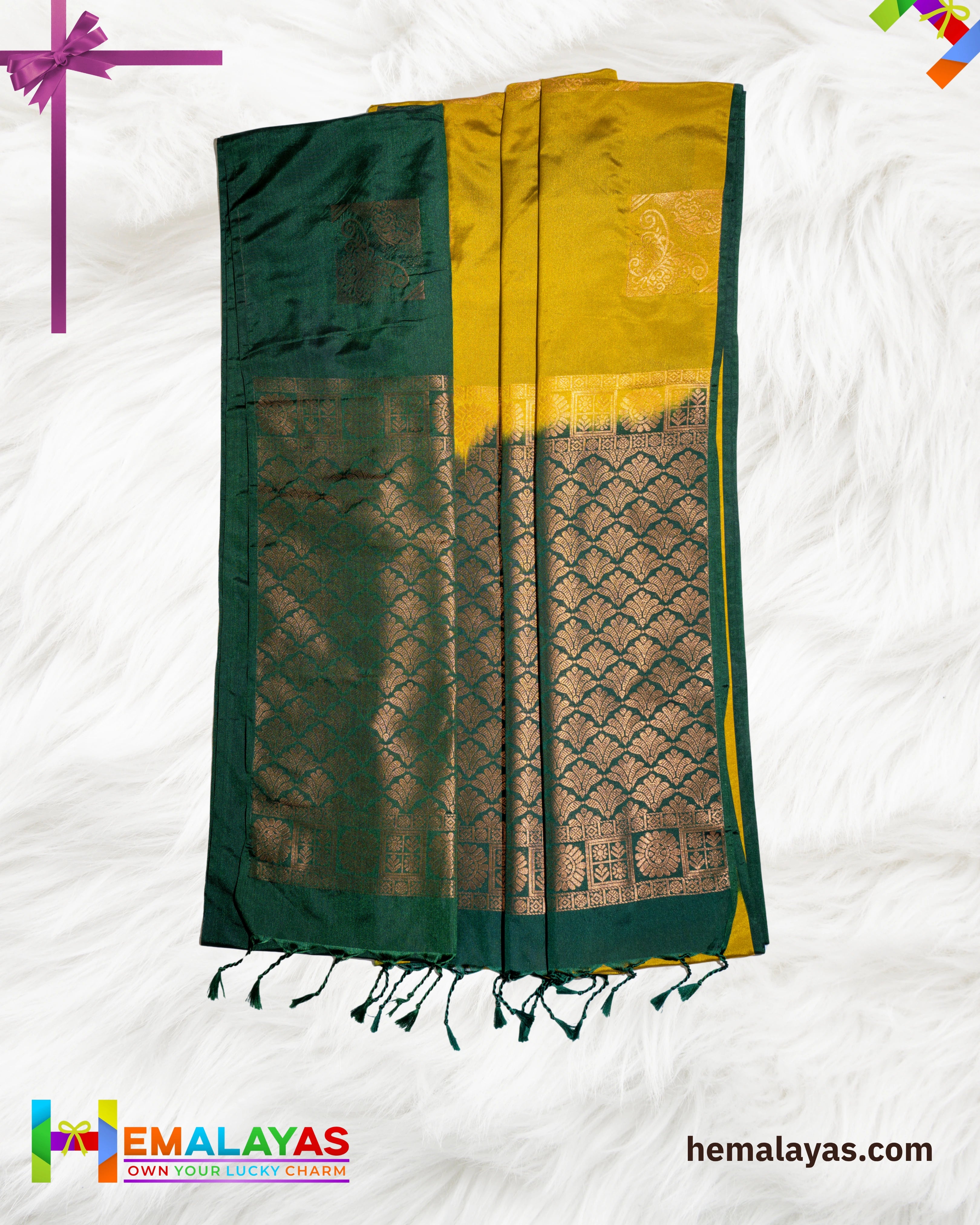 Mustard Yellow & Bottle Green Kanchipuram Elite Silk Saree with Zari Motifs