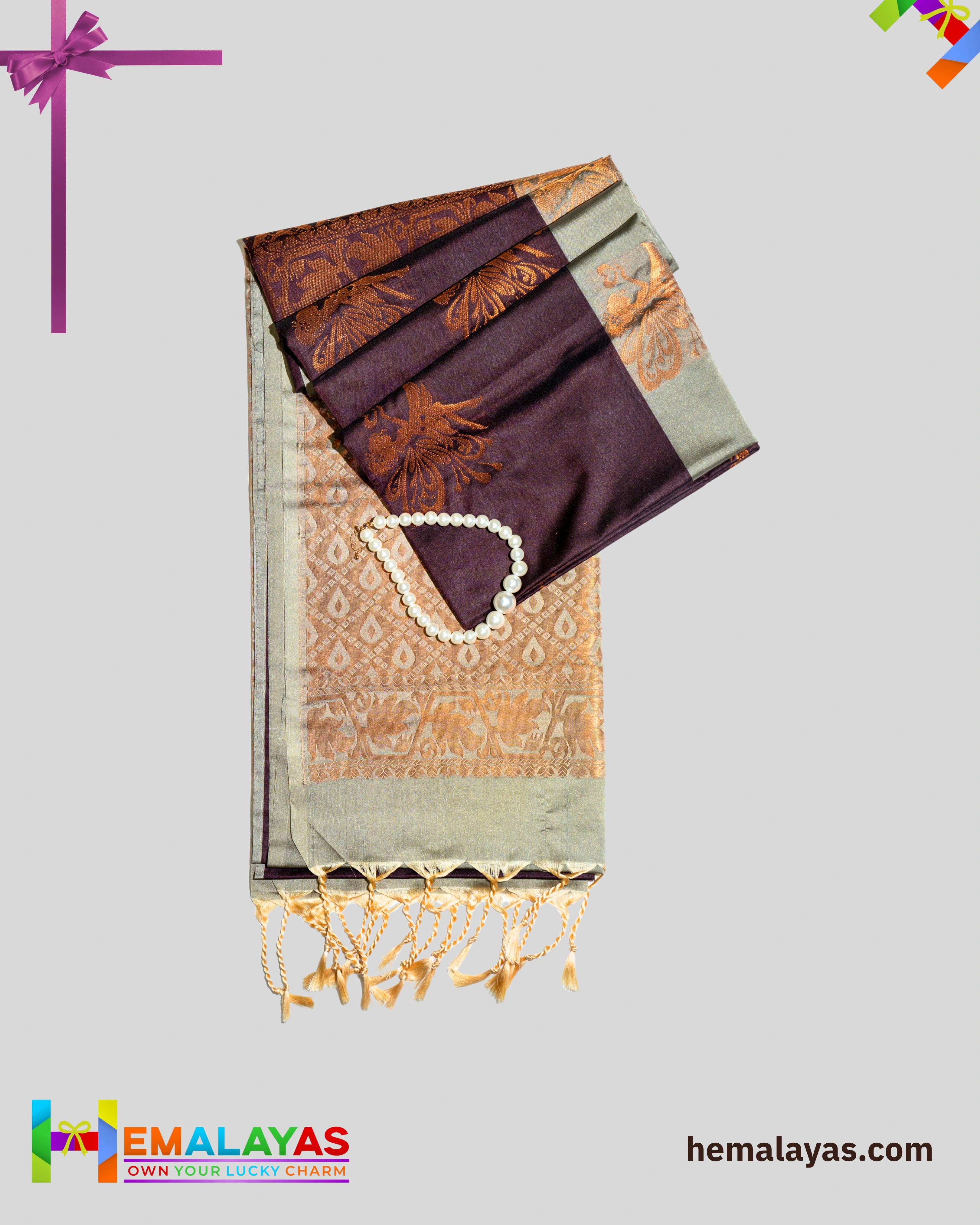 Wine Maroon & Grey Kanchipuram Elite Silk Saree with Zari Motifs