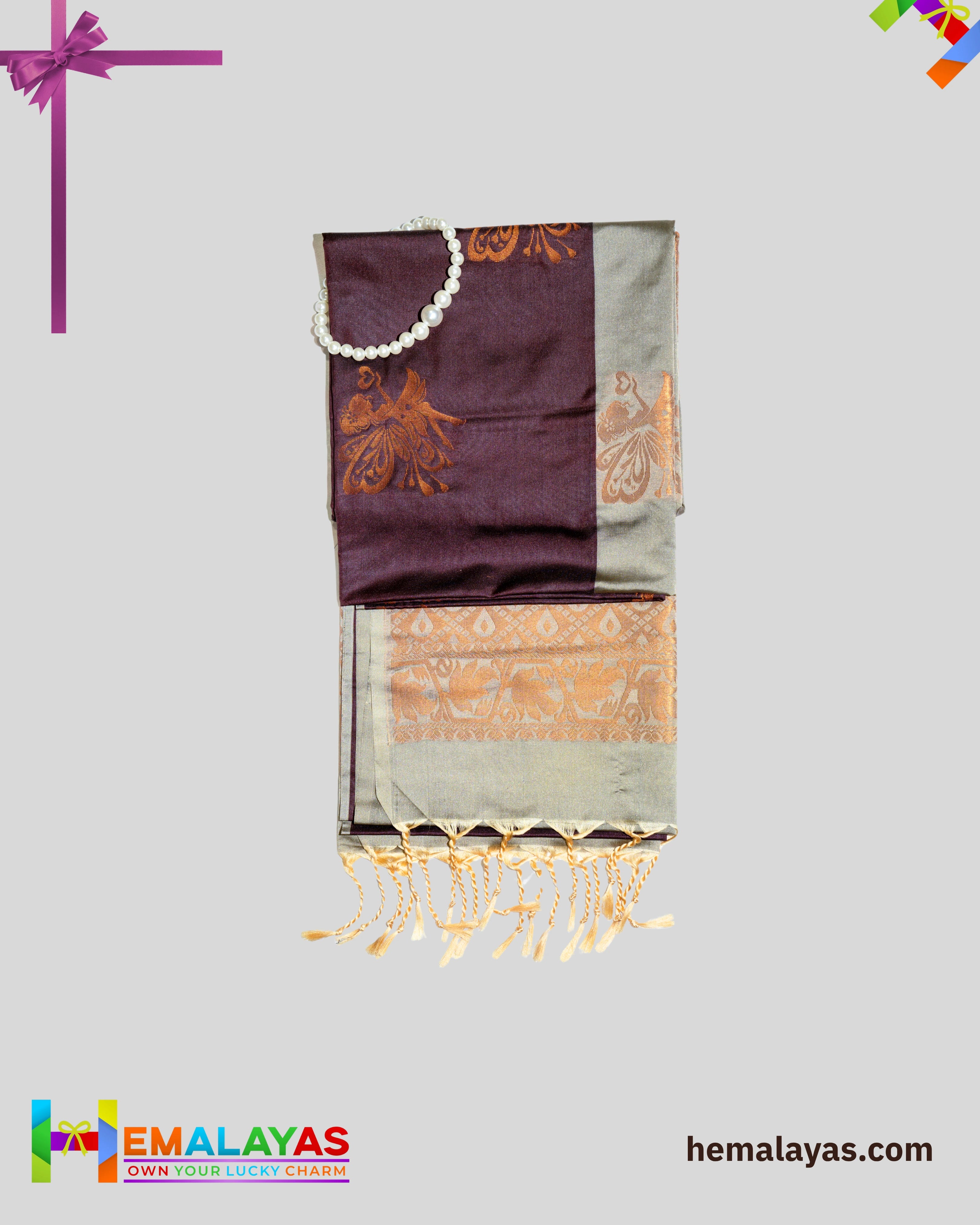 Wine Maroon & Grey Kanchipuram Elite Silk Saree with Zari Motifs
