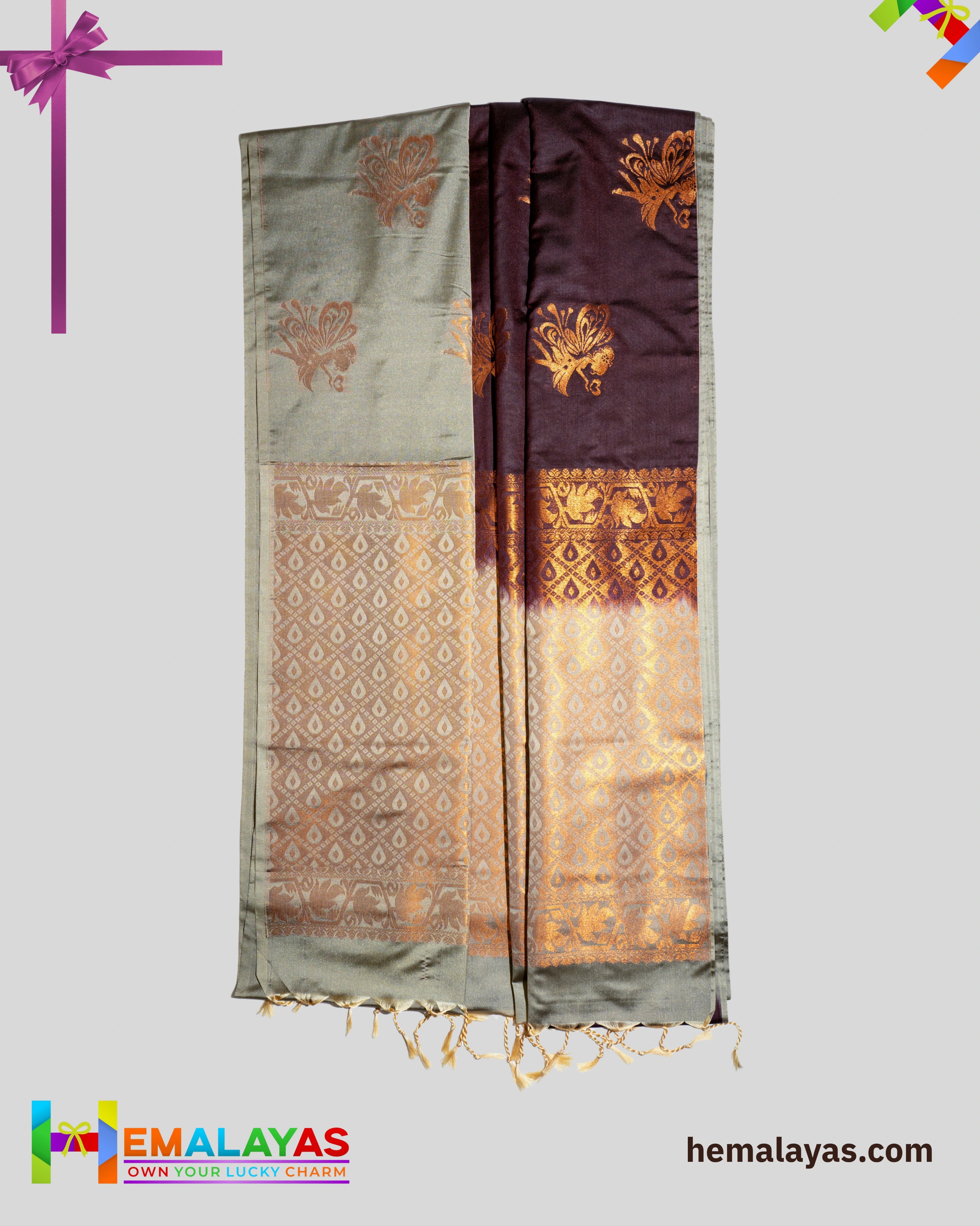 Wine Maroon & Grey Kanchipuram Elite Silk Saree with Zari Motifs