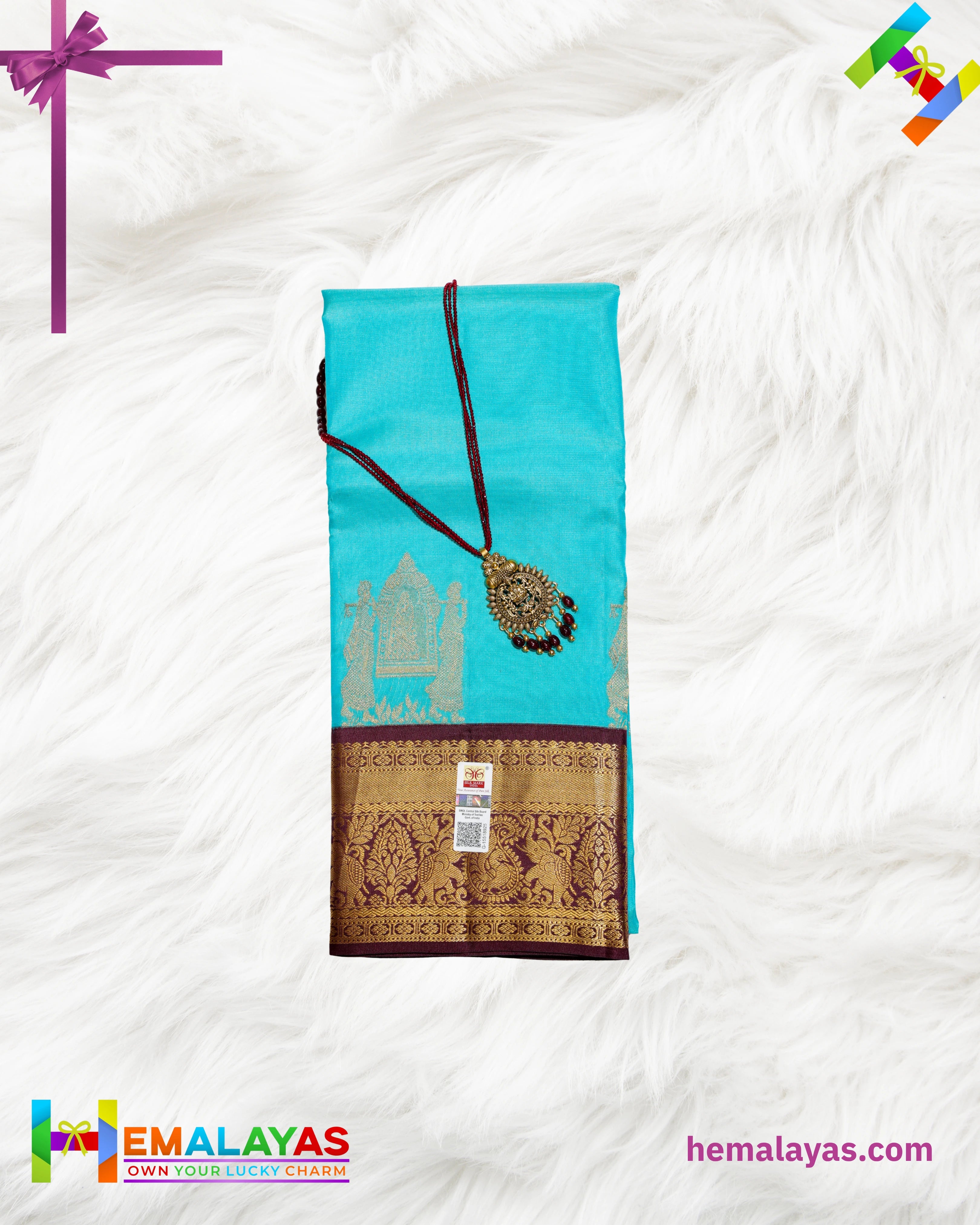 Turquoise Blue Pure Korvai Silk Saree with Temple Motifs