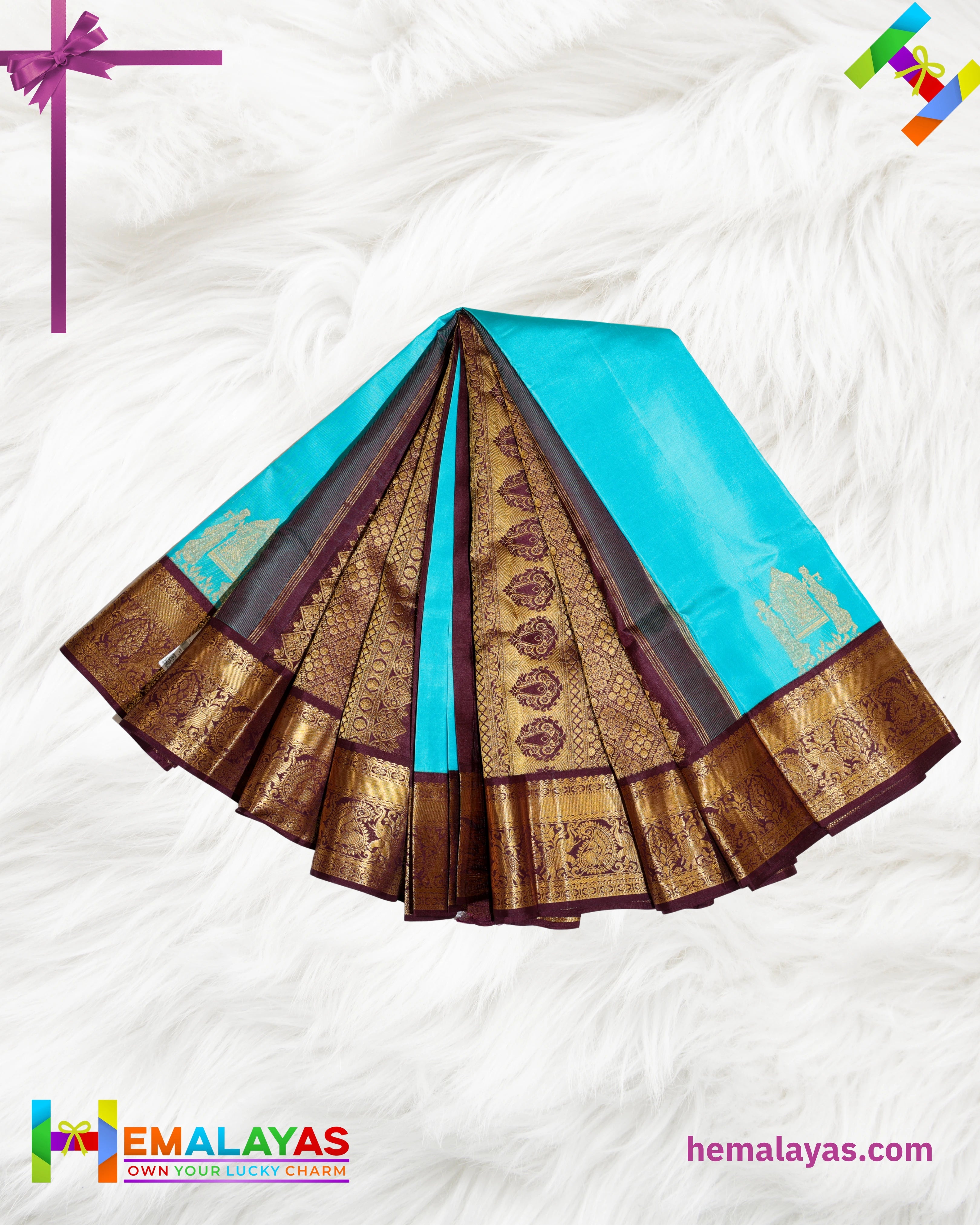 Turquoise Blue Pure Korvai Silk Saree with Temple Motifs