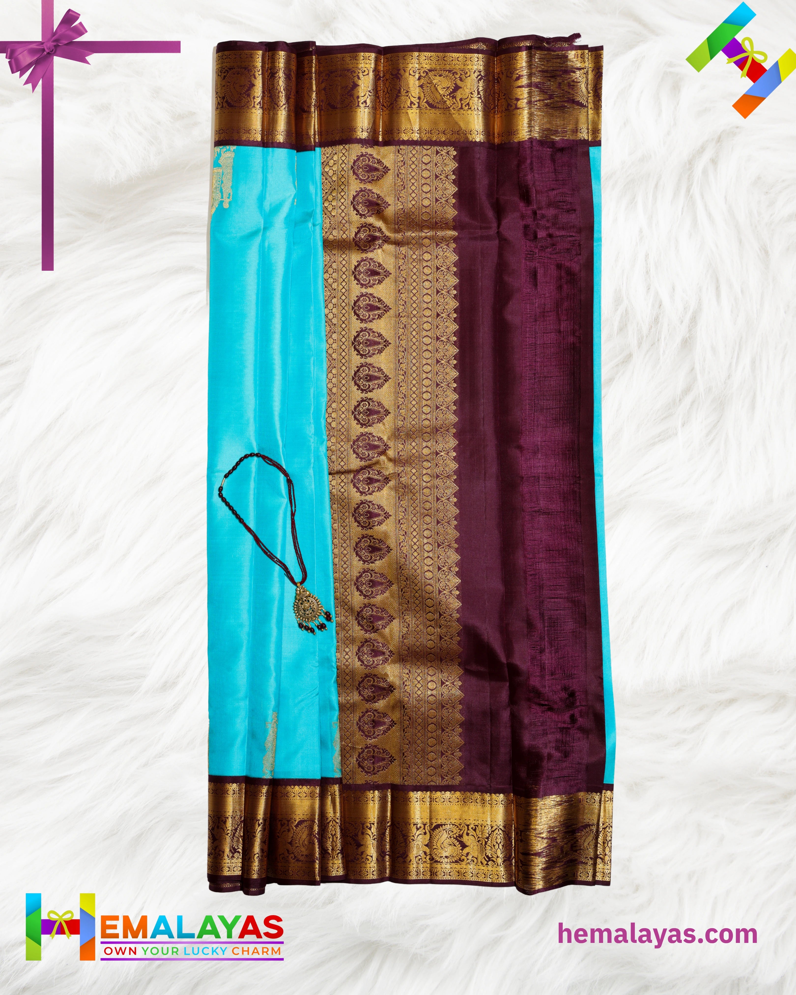 Turquoise Blue Pure Korvai Silk Saree with Temple Motifs