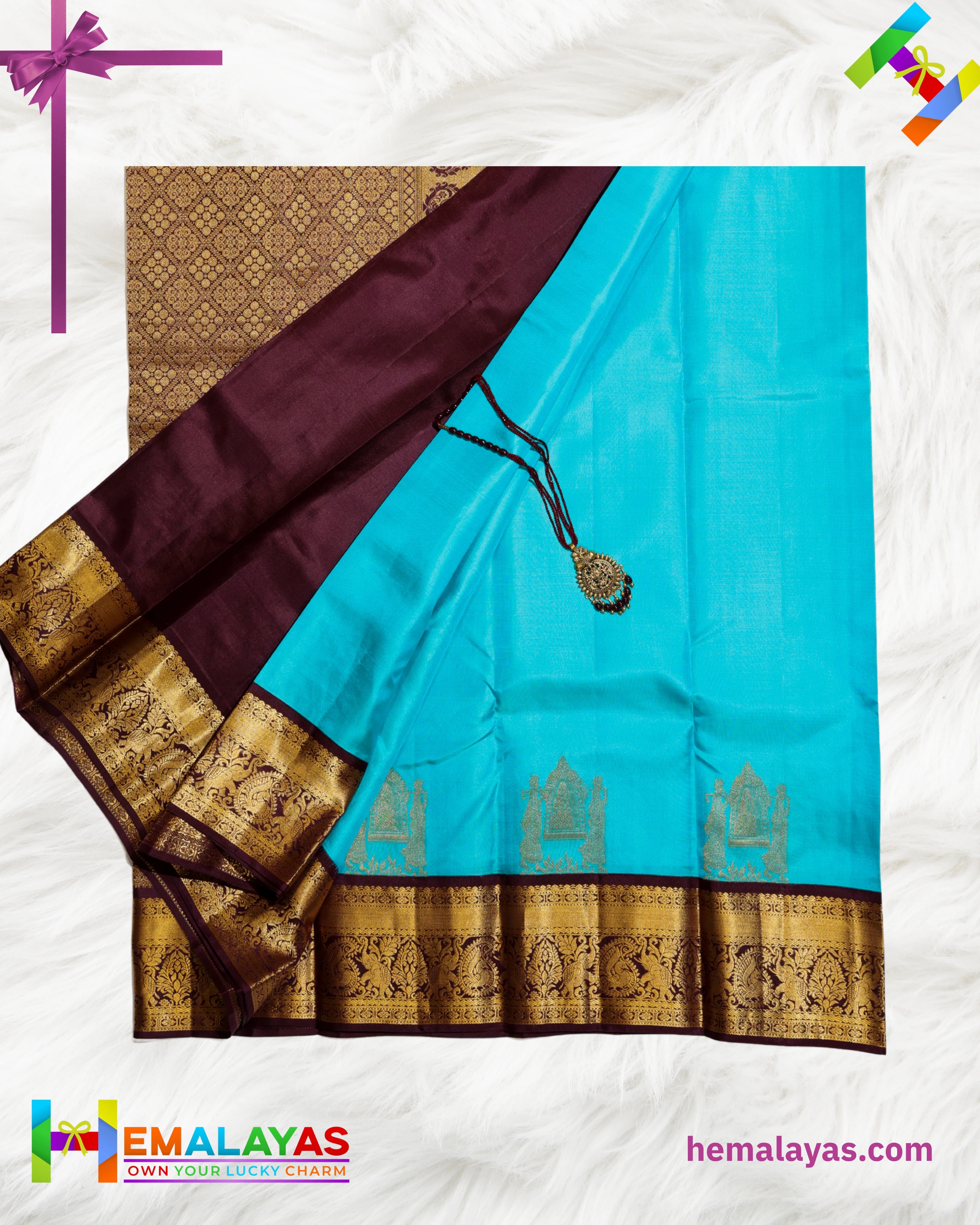Turquoise Blue Pure Korvai Silk Saree with Temple Motifs