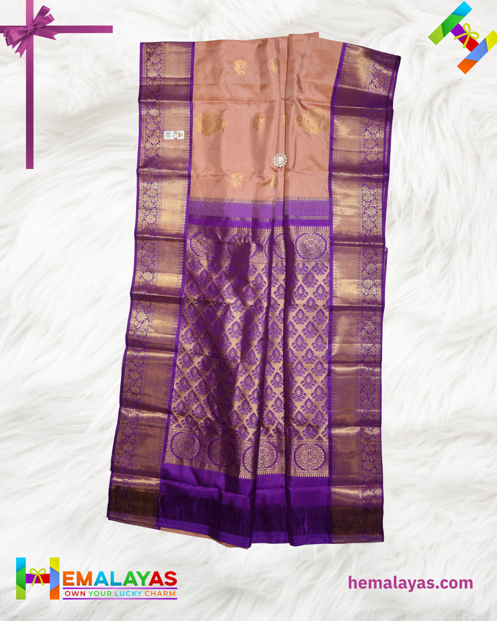 Peach & Royal Purple Pure Korvai Silk Saree with Zari Motifs