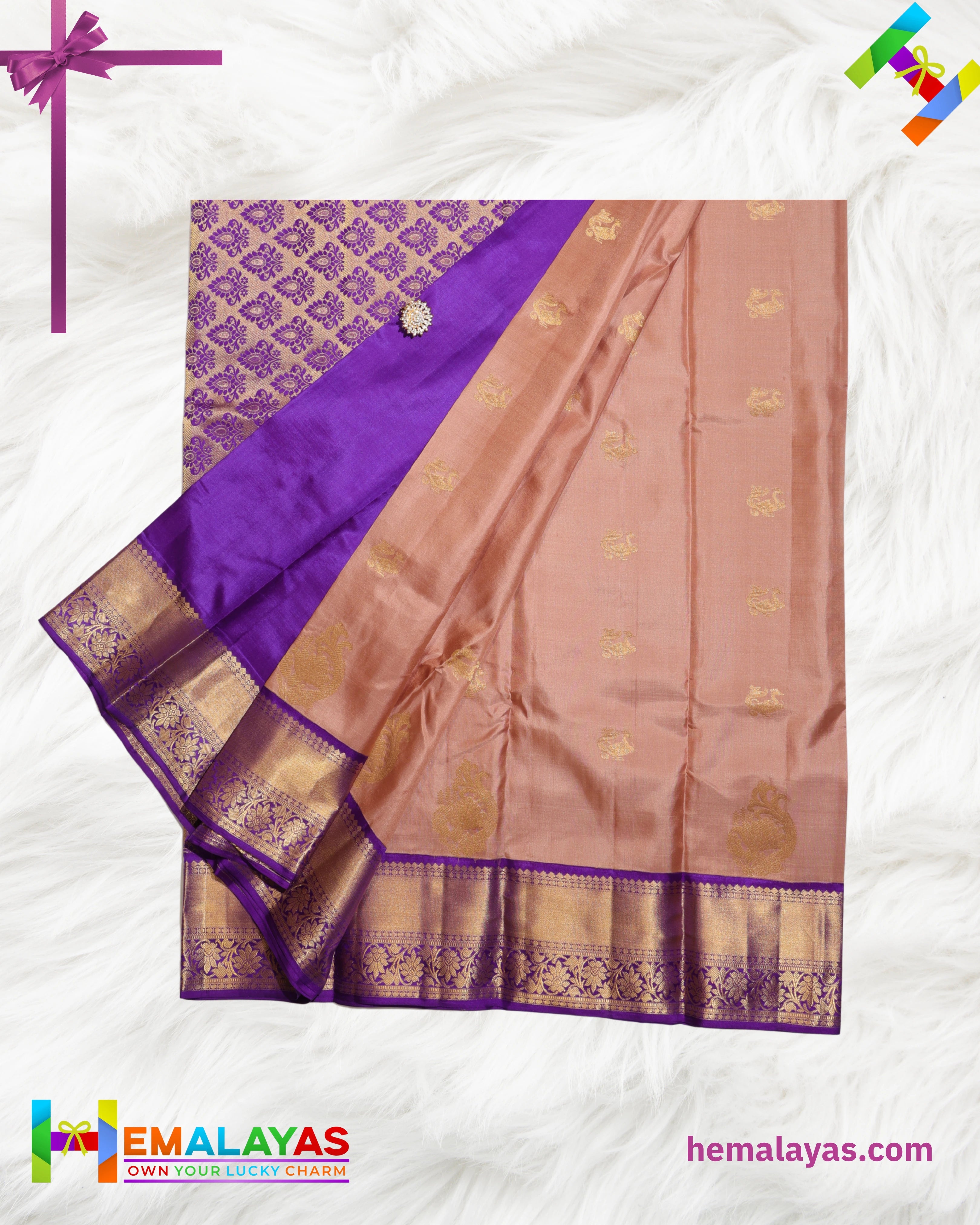 Peach & Royal Purple Pure Korvai Silk Saree with Zari Motifs