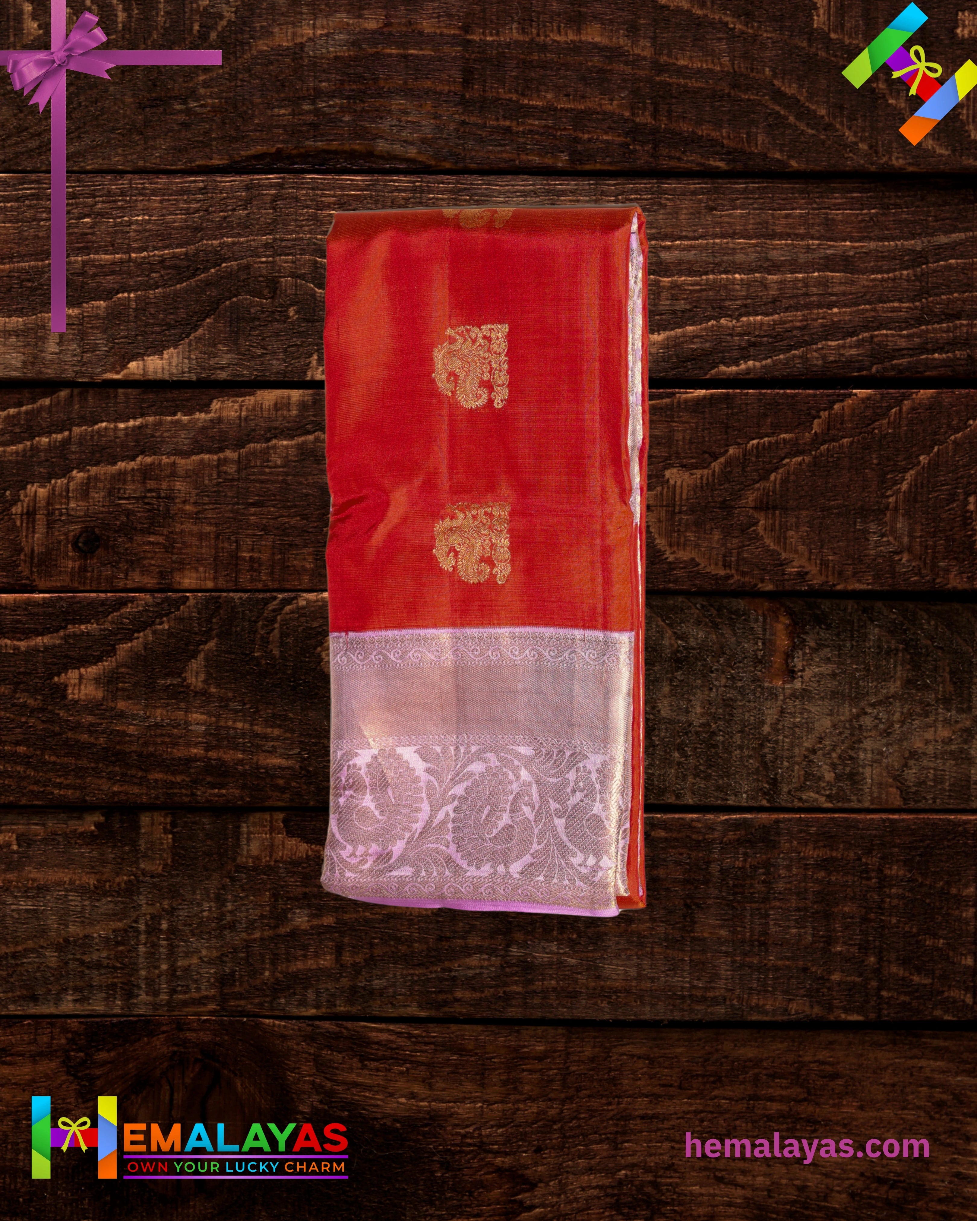 Vermilion Orange & Lavender Pure Korvai Silk Saree with Peacock Motifs