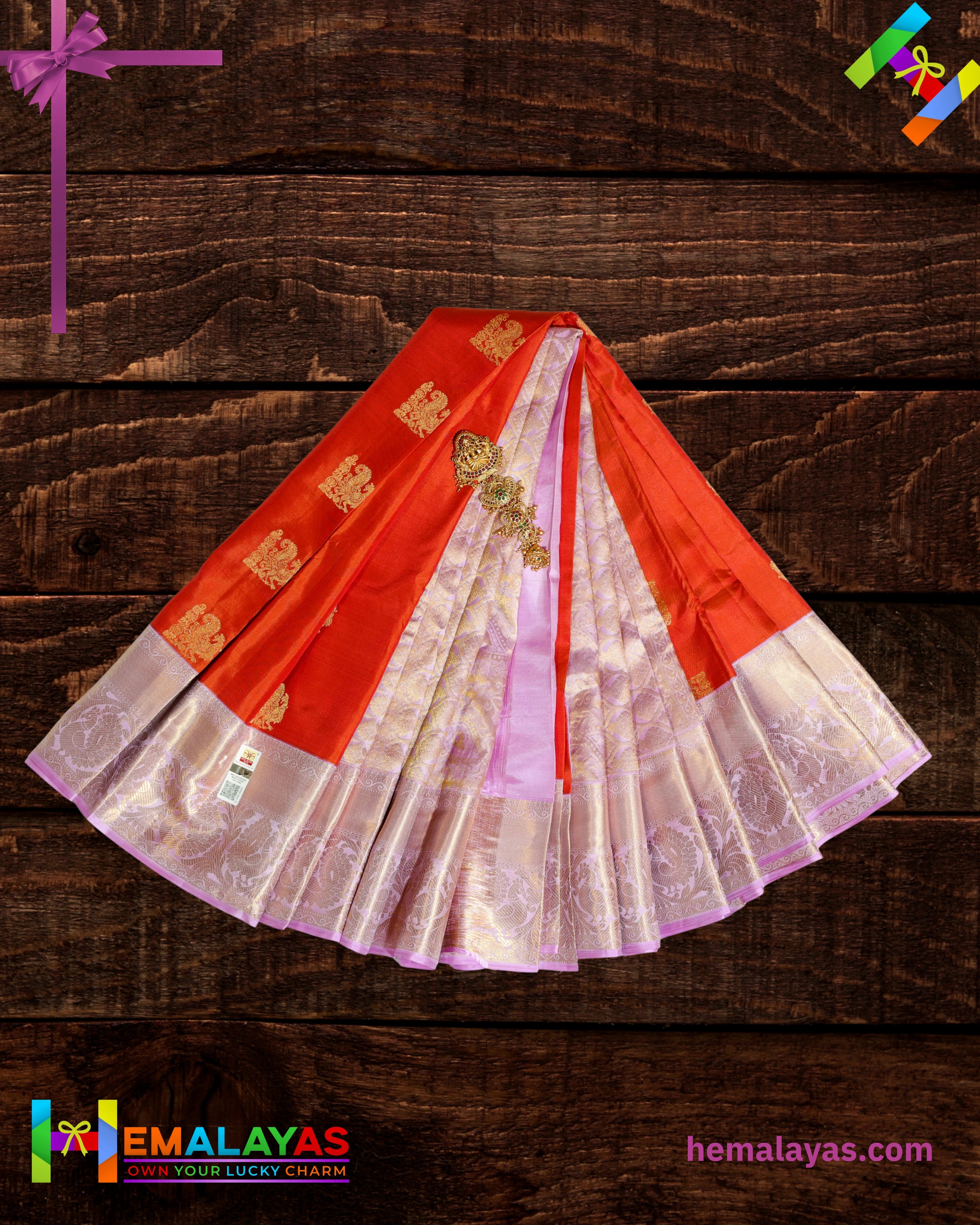 Vermilion Orange & Lavender Pure Korvai Silk Saree with Peacock Motifs