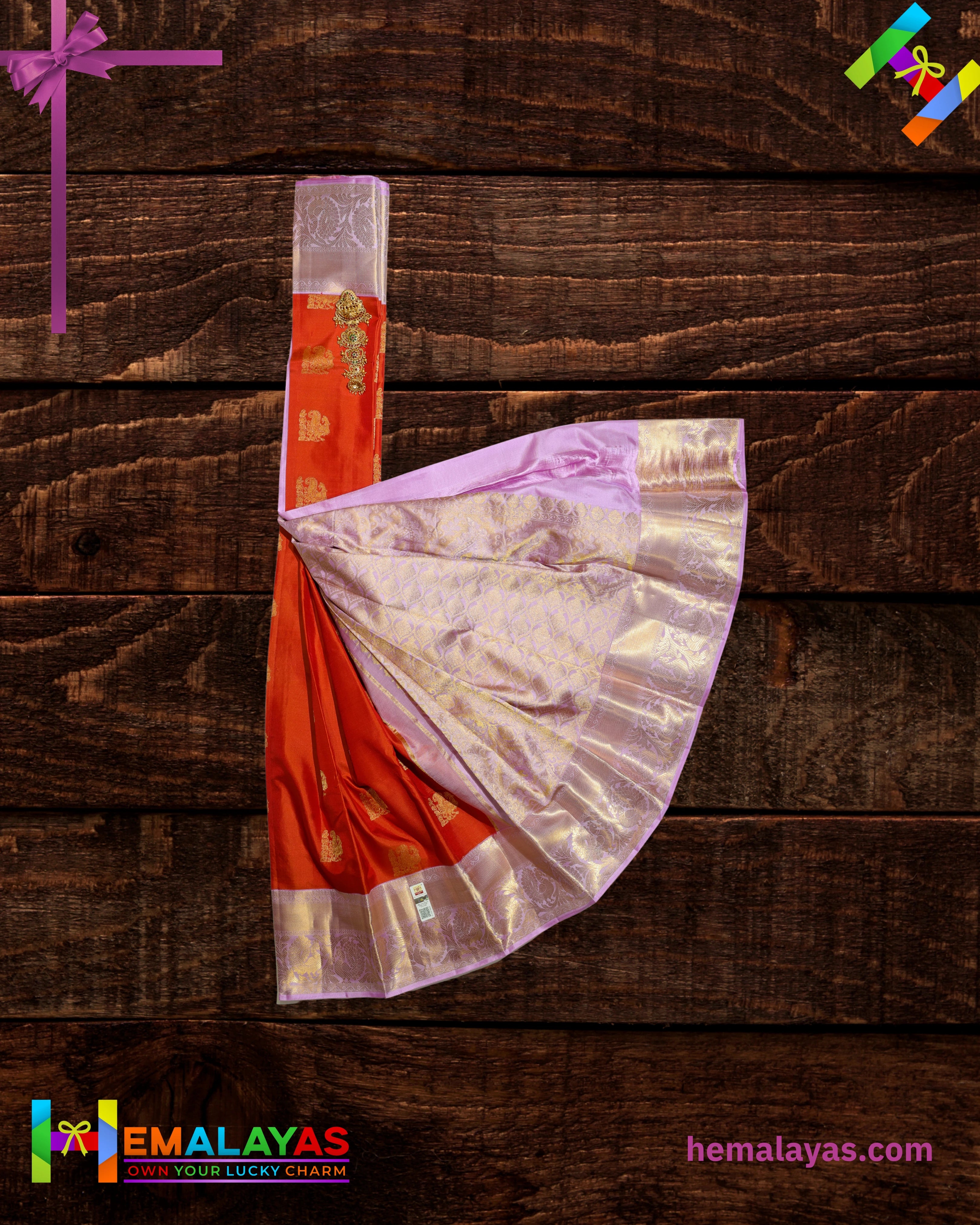 Vermilion Orange & Lavender Pure Korvai Silk Saree with Peacock Motifs