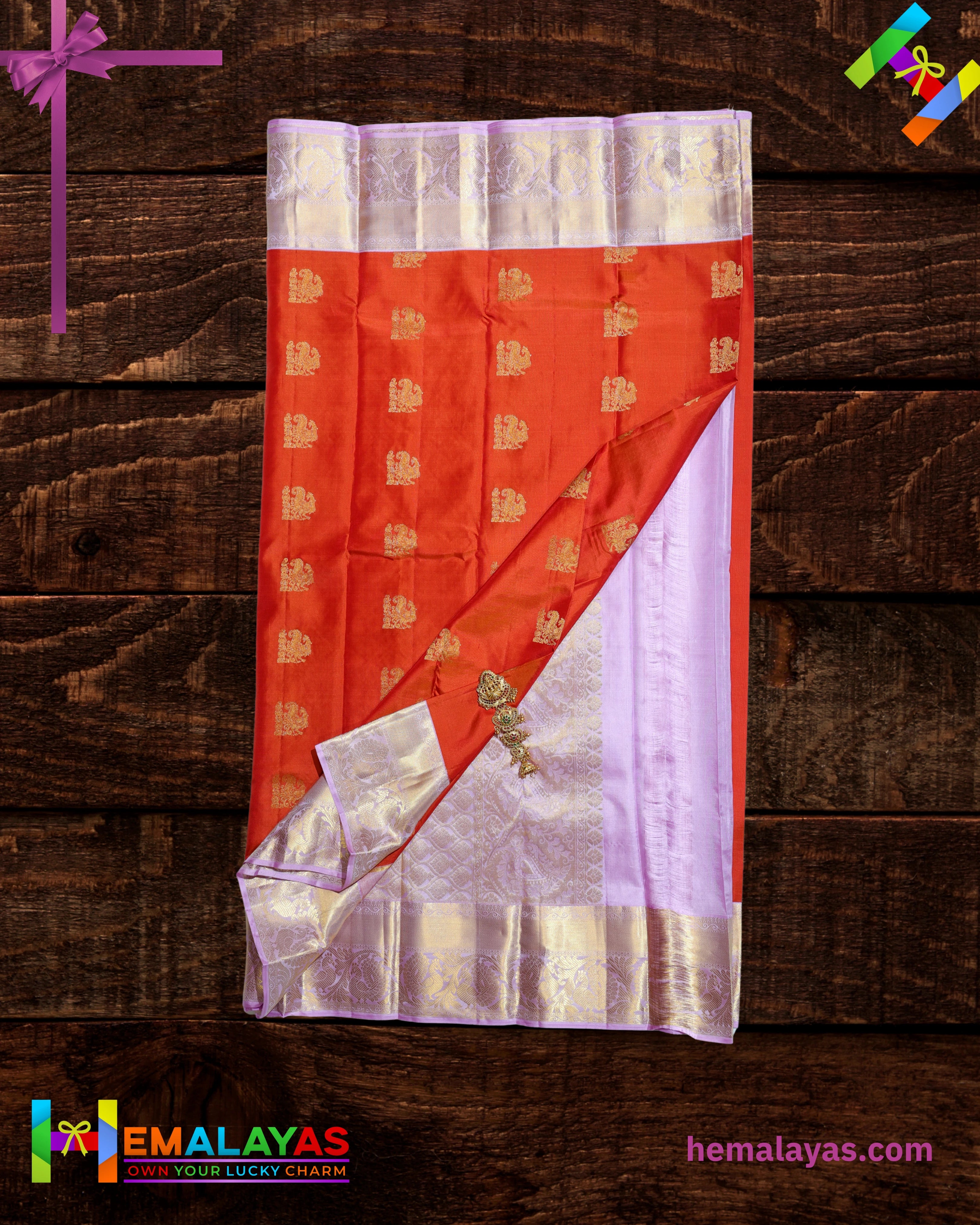 Vermilion Orange & Lavender Pure Korvai Silk Saree with Peacock Motifs