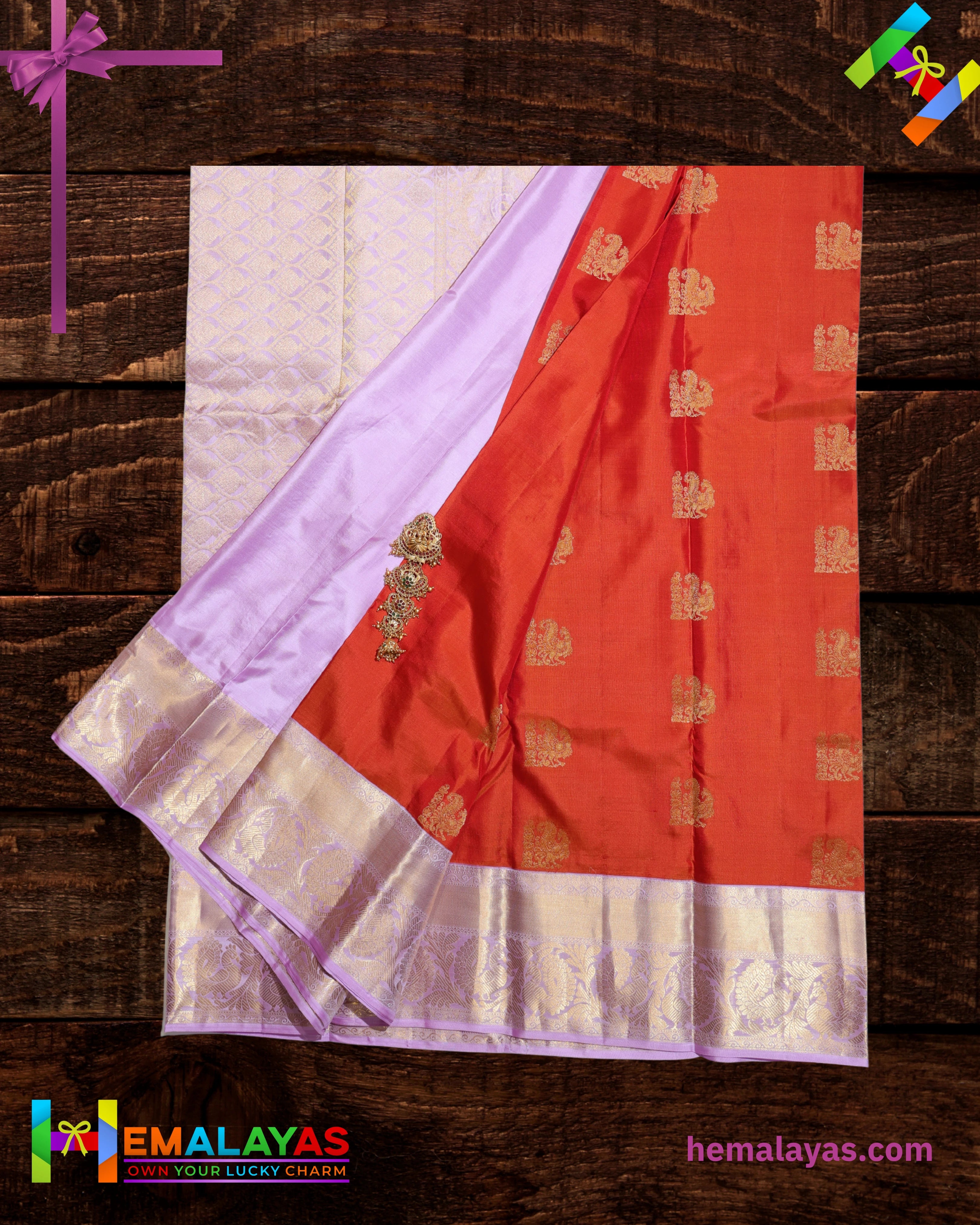 Vermilion Orange & Lavender Pure Korvai Silk Saree with Peacock Motifs