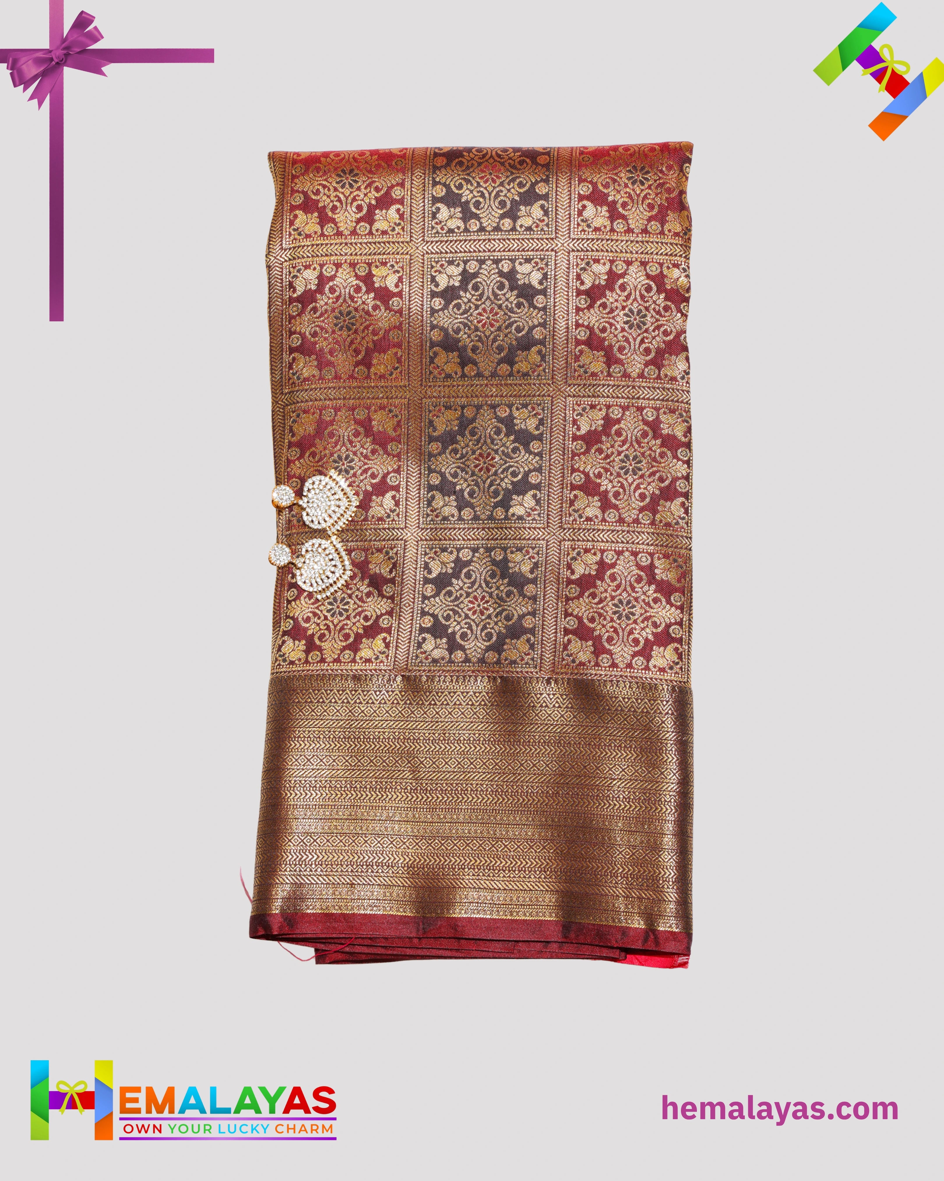 Dark Brown & Maroon Kanchipuram Mix Bridal Silk Saree with Brocade Checks