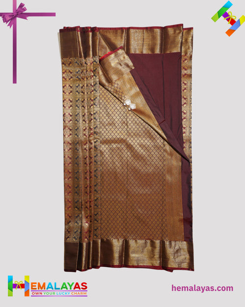 Dark Brown & Maroon Kanchipuram Mix Bridal Silk Saree with Brocade Checks