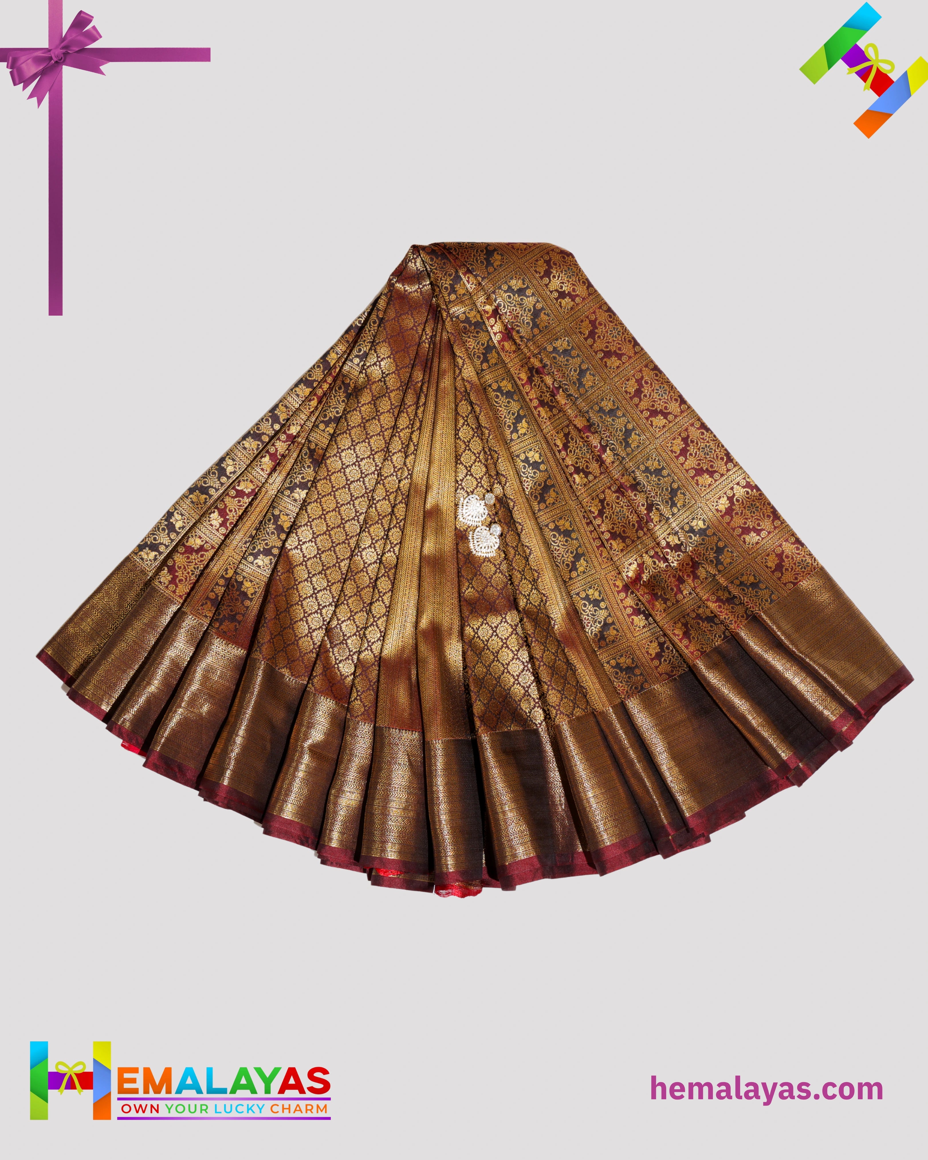 Dark Brown & Maroon Kanchipuram Mix Bridal Silk Saree with Brocade Checks